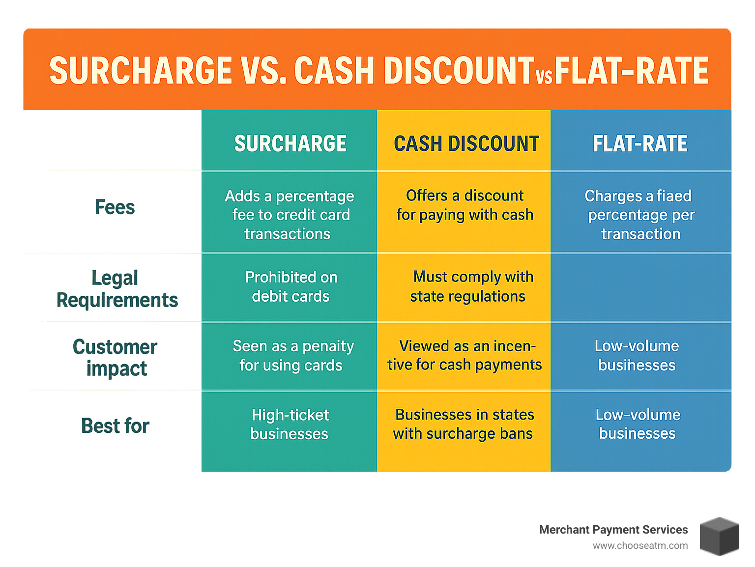 Table comparing surcharge vs cash discount vs flat-rate processing models showing fees, legal requirements, customer impact, and best use cases - credit card processing for small business no monthly fee infographic 