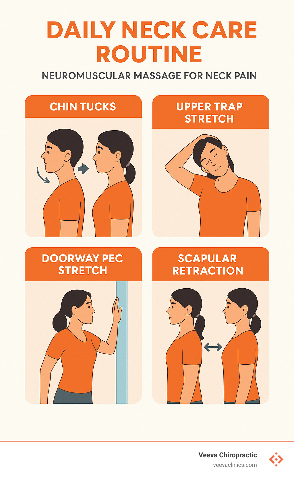daily neck care routine showing chin tucks, upper trap stretches, doorway pec stretch, and scapular retractions with proper form illustrations - neuromuscular massage for neck pain infographic 