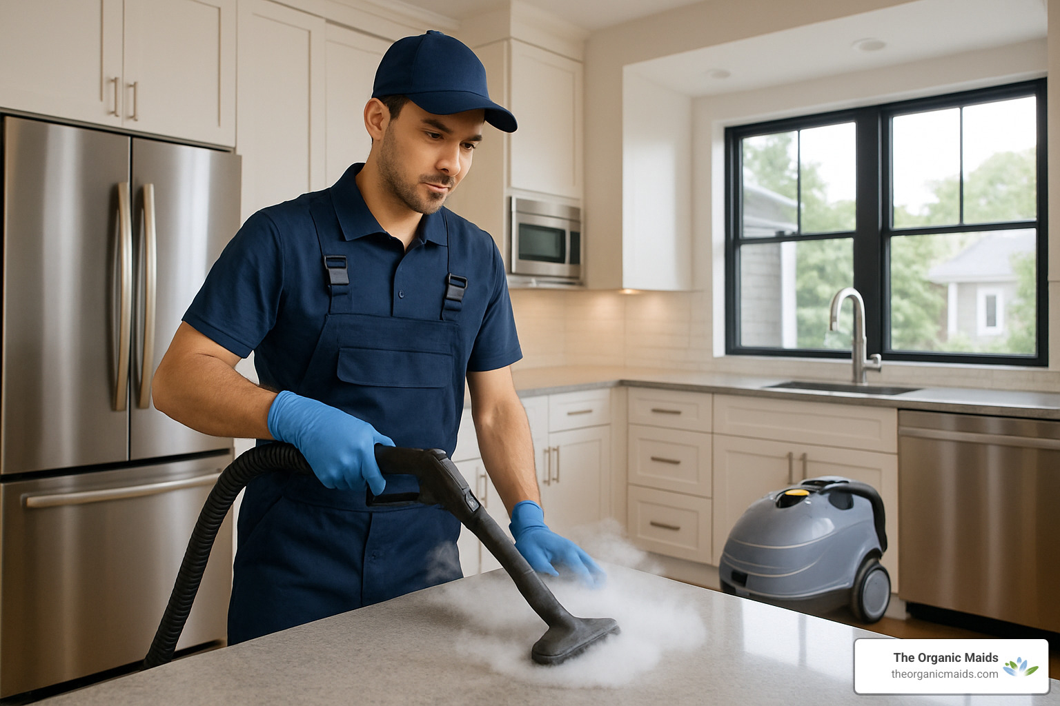 Professional cleaner using steam cleaning equipment in a modern Charlotte home kitchen - chemical free cleaning company