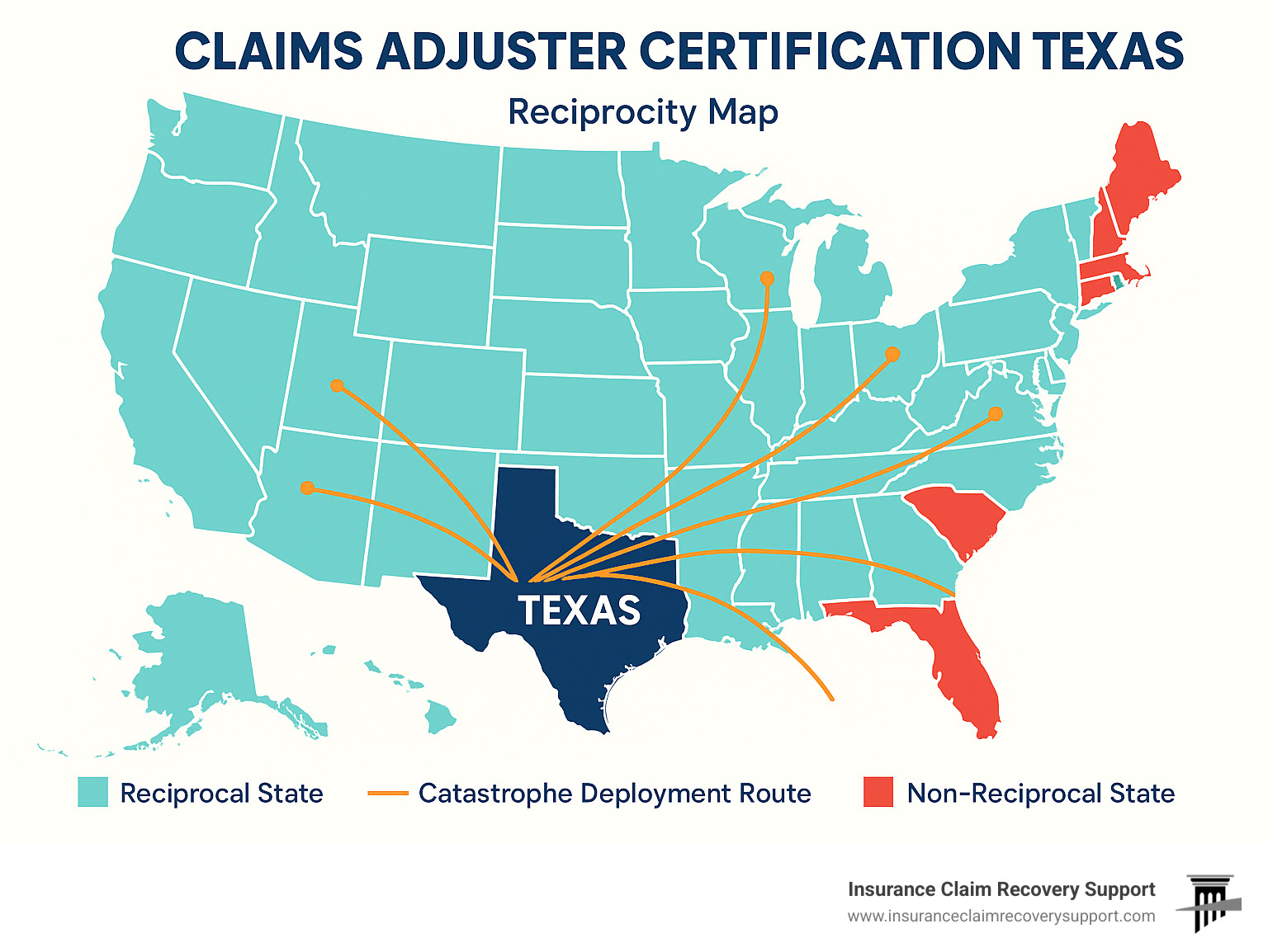 Infographic showing reciprocity map with Texas at center, connected lines to 30+ reciprocal states, highlighting major catastrophe deployment routes and non-reciprocal states marked in different colors - Claims adjuster certification Texas infographic 