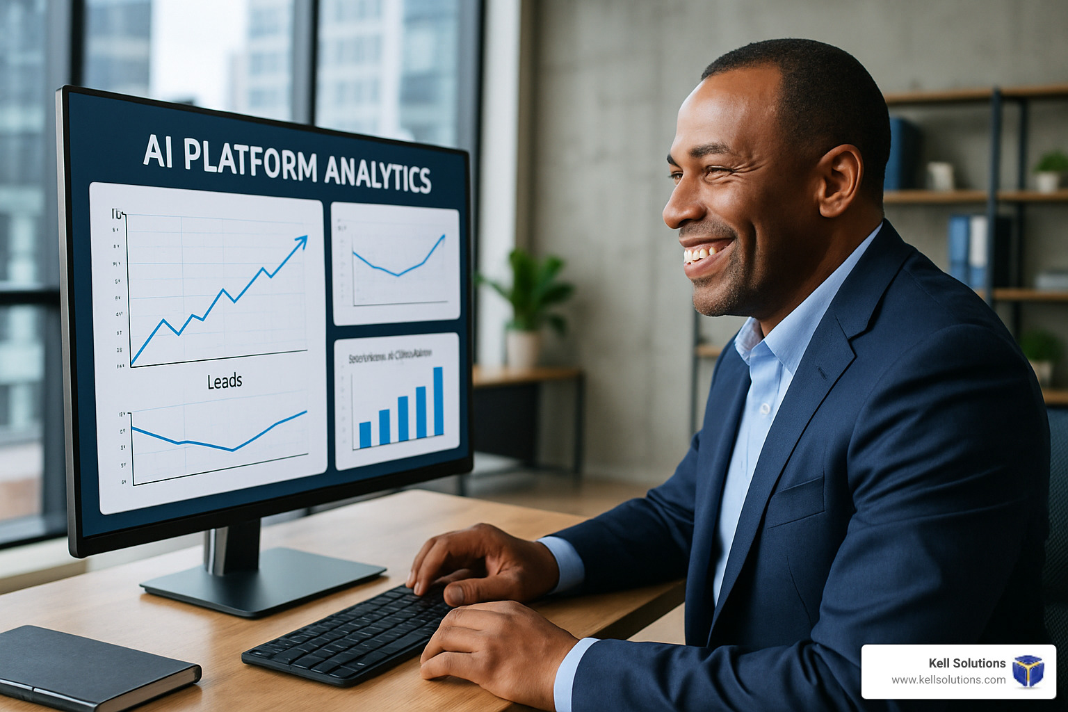 Business owner reviewing AI platform analytics showing increased leads, improved response times, and higher customer satisfaction scores - ai platforms