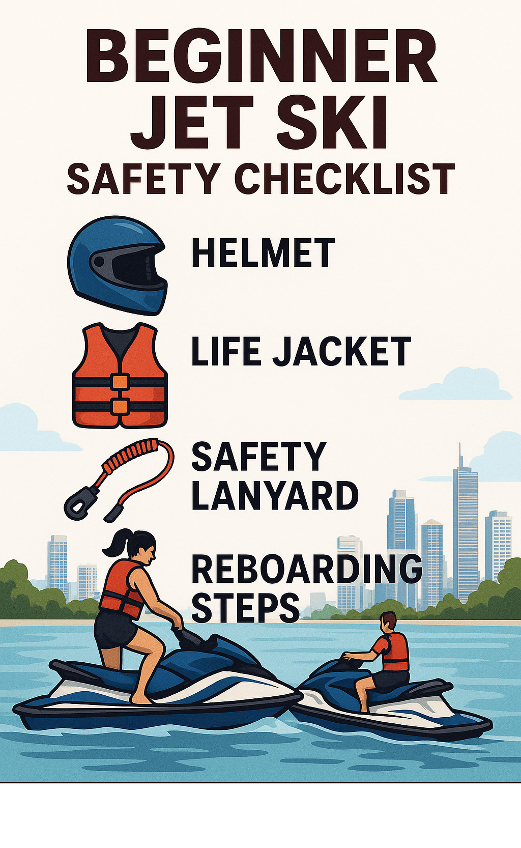Infographic showing beginner jet ski safety checklist with helmet, life jacket, safety lanyard, and reboarding steps illustrated with Gold Coast waterway backdrop - best jet skis for beginners infographic 