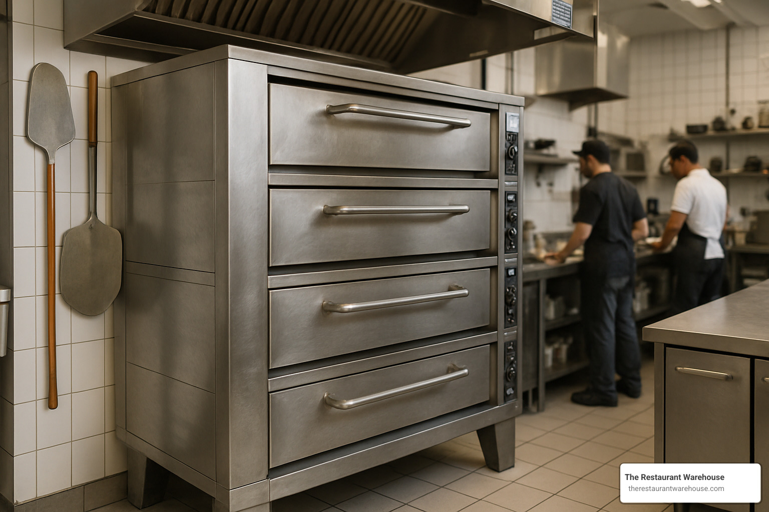 Triple-stack deck oven installation in compact commercial kitchen showing efficient use of vertical space - deck oven for pizza