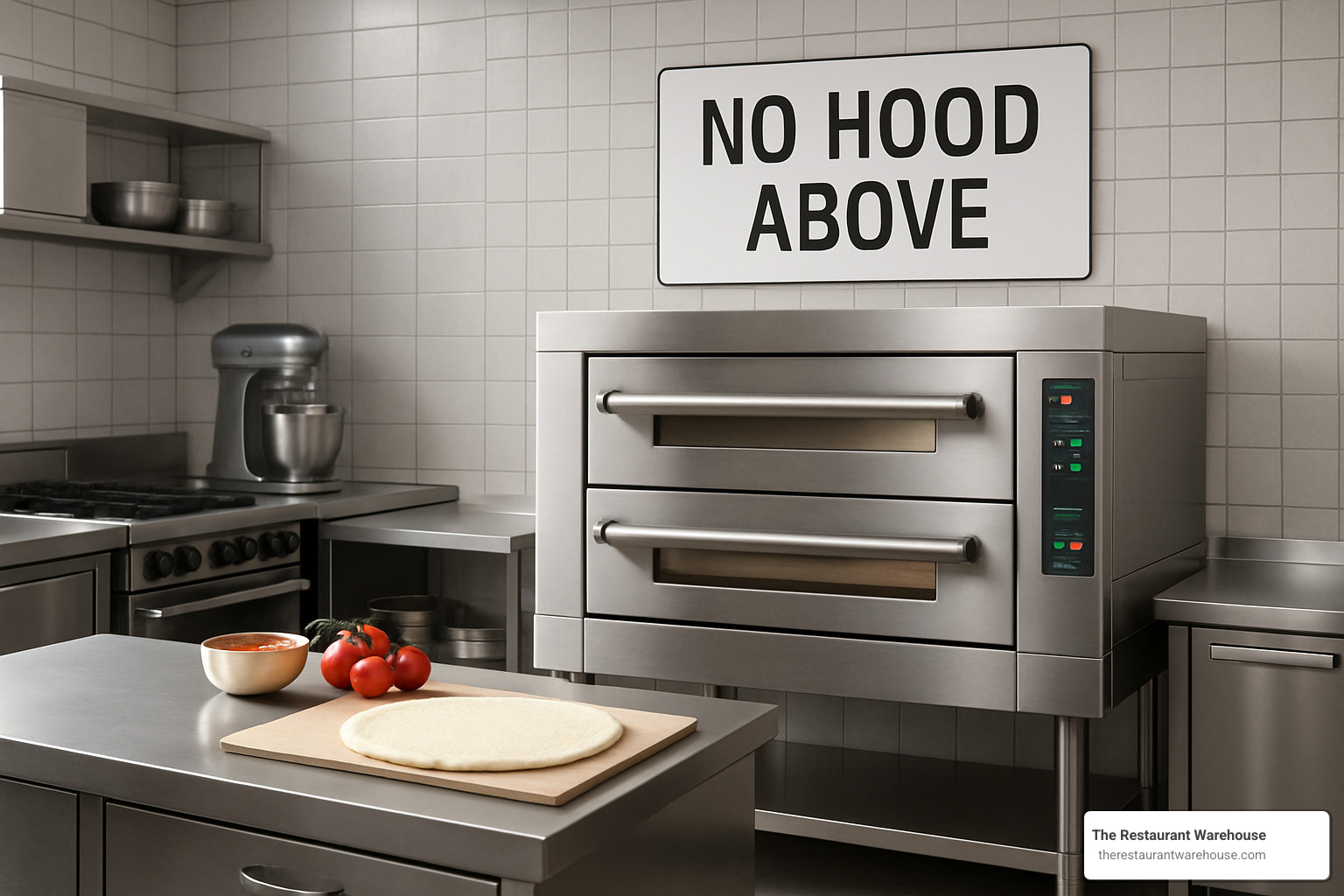 Commercial kitchen layout showing ventless electric deck oven installation without hood requirements - deck oven for pizza