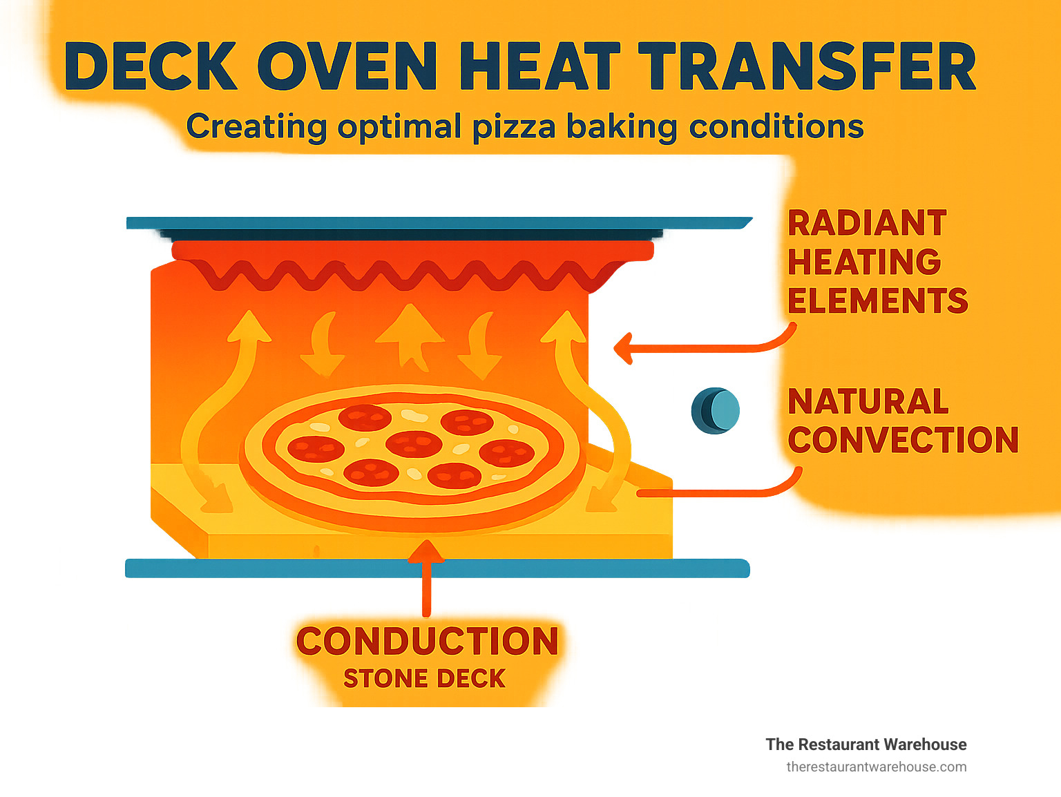 Infographic showing deck oven heat transfer: stone deck providing conduction heat from bottom, radiant heating elements in ceiling providing top heat, and gentle natural convection circulating air without forced fans, all working together to create optimal pizza baking conditions - deck oven for pizza infographic 
