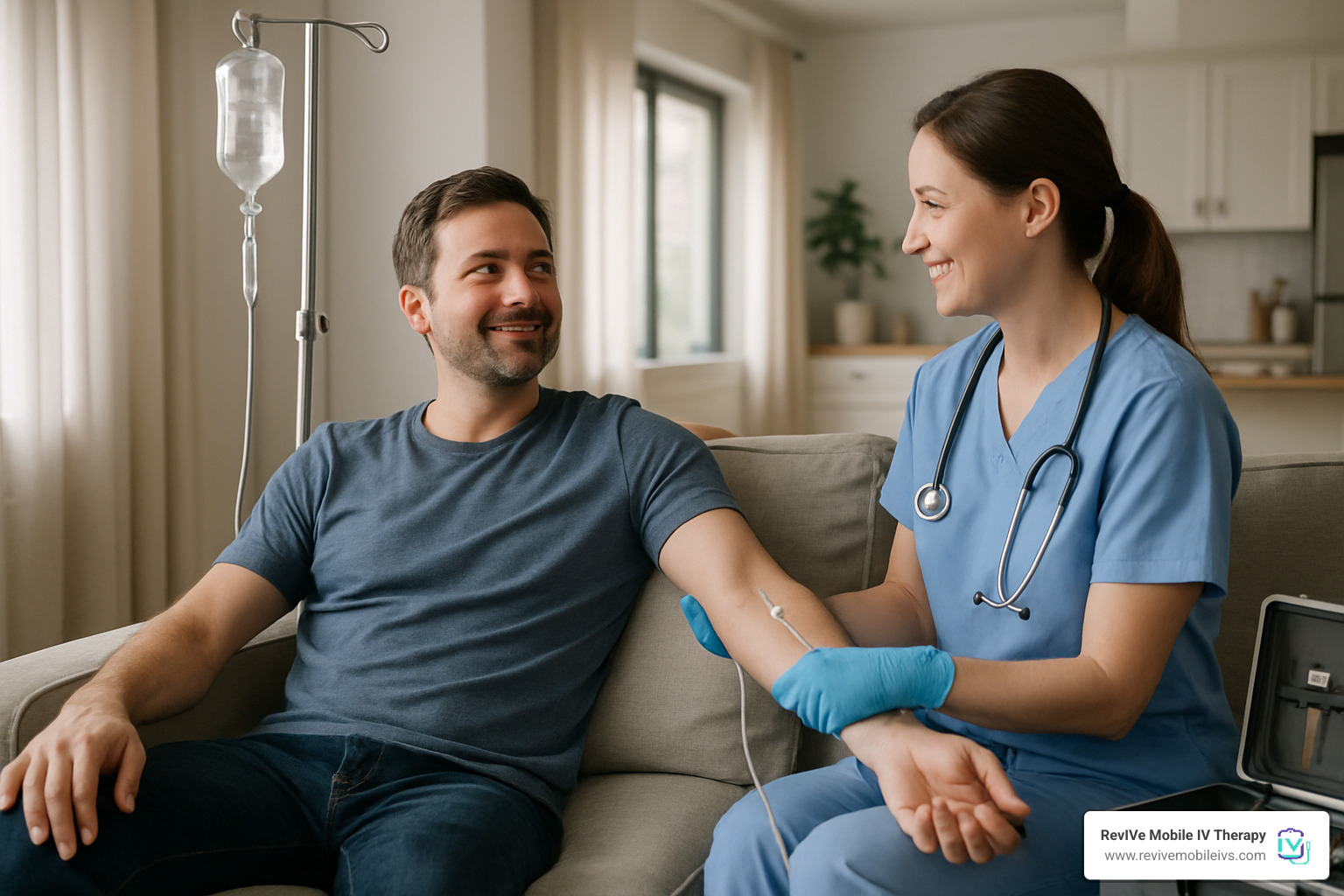 Patient relaxing comfortably during IV therapy session at home - glutathione iv detox