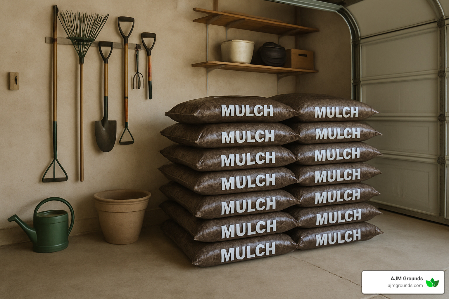 garage stacked with mulch bags - bulk mulch prices