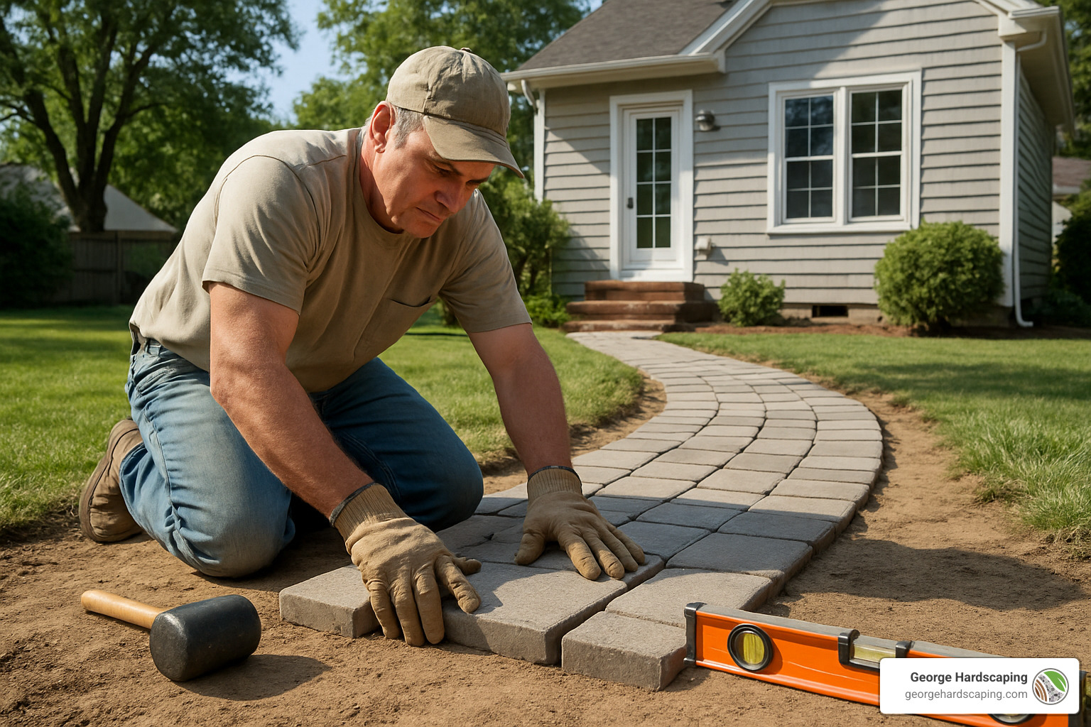 homeowner laying pavers - Walkway Paving Contractor