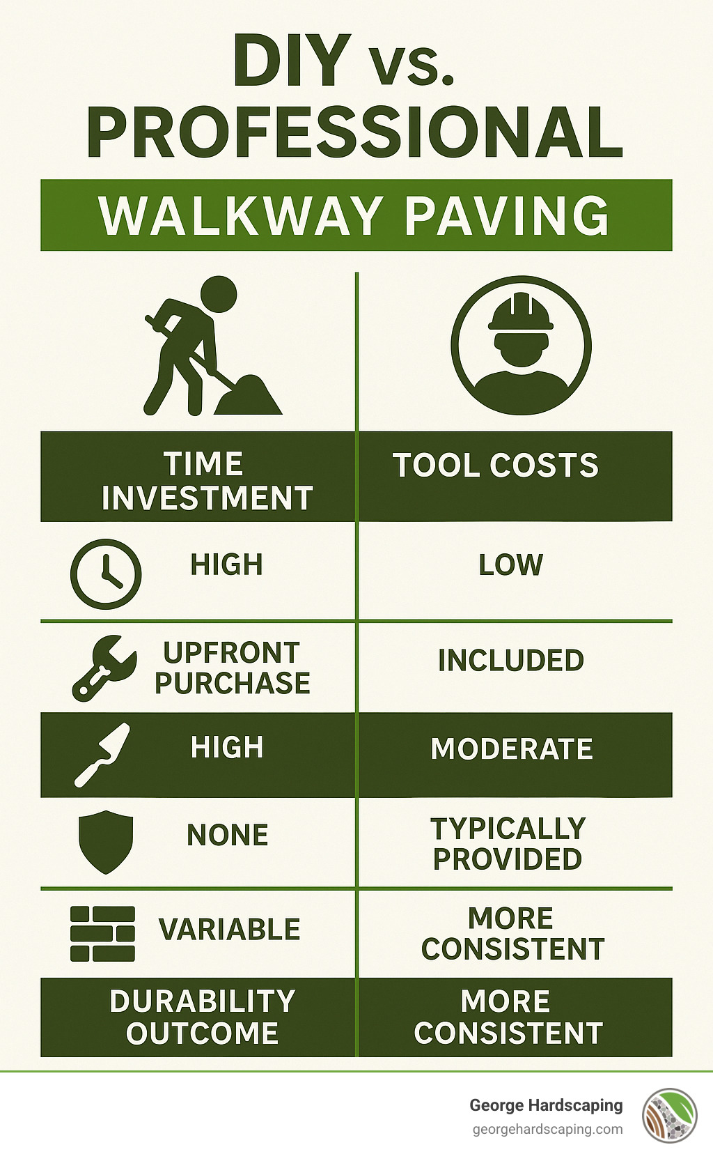Infographic comparing DIY vs professional walkway paving showing time investment, tool costs, skill requirements, warranty coverage, and long-term durability outcomes - Walkway Paving Contractor infographic 