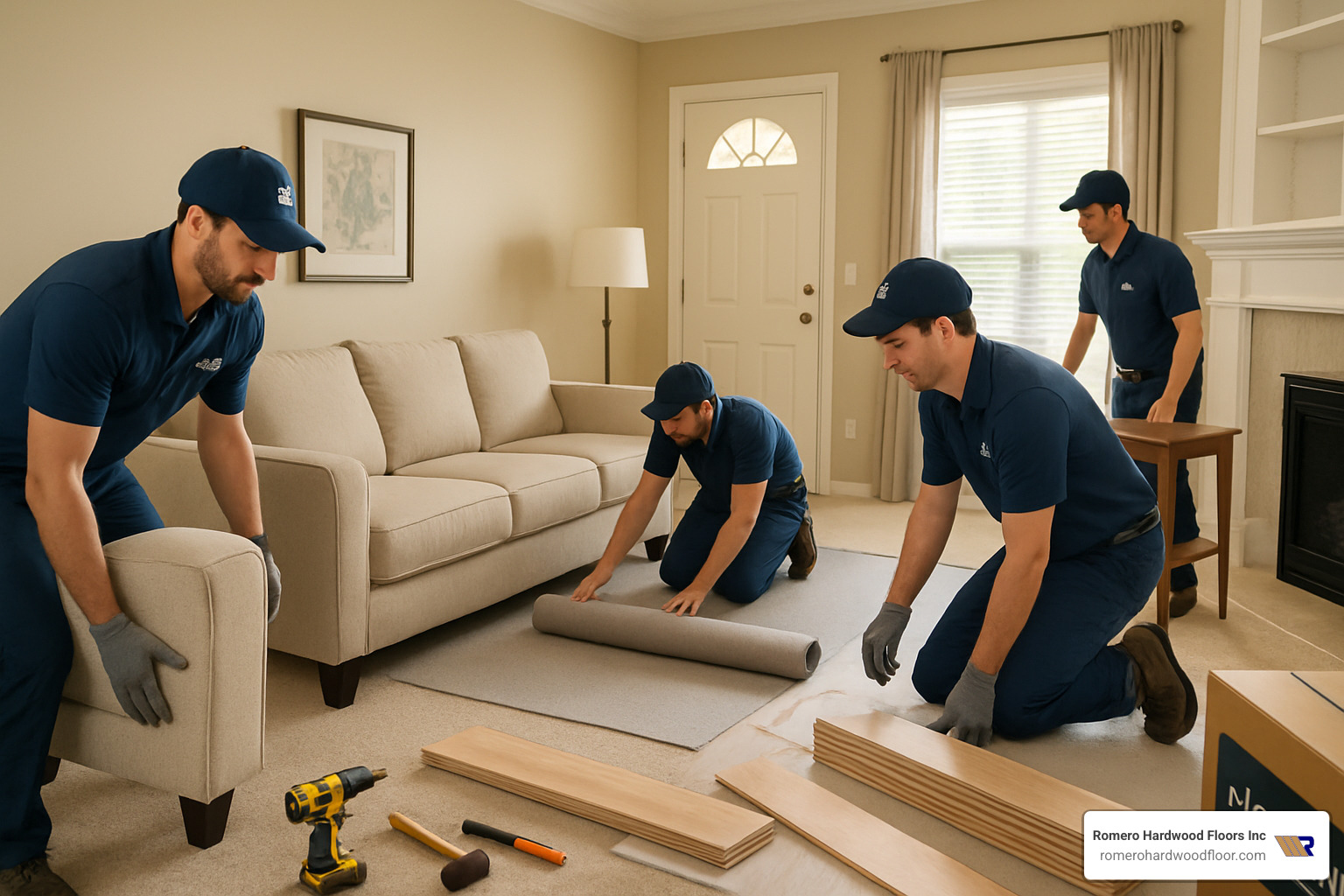 Professional installation crew carefully moving furniture and preparing room for flooring installation - Flooring Company Near Me