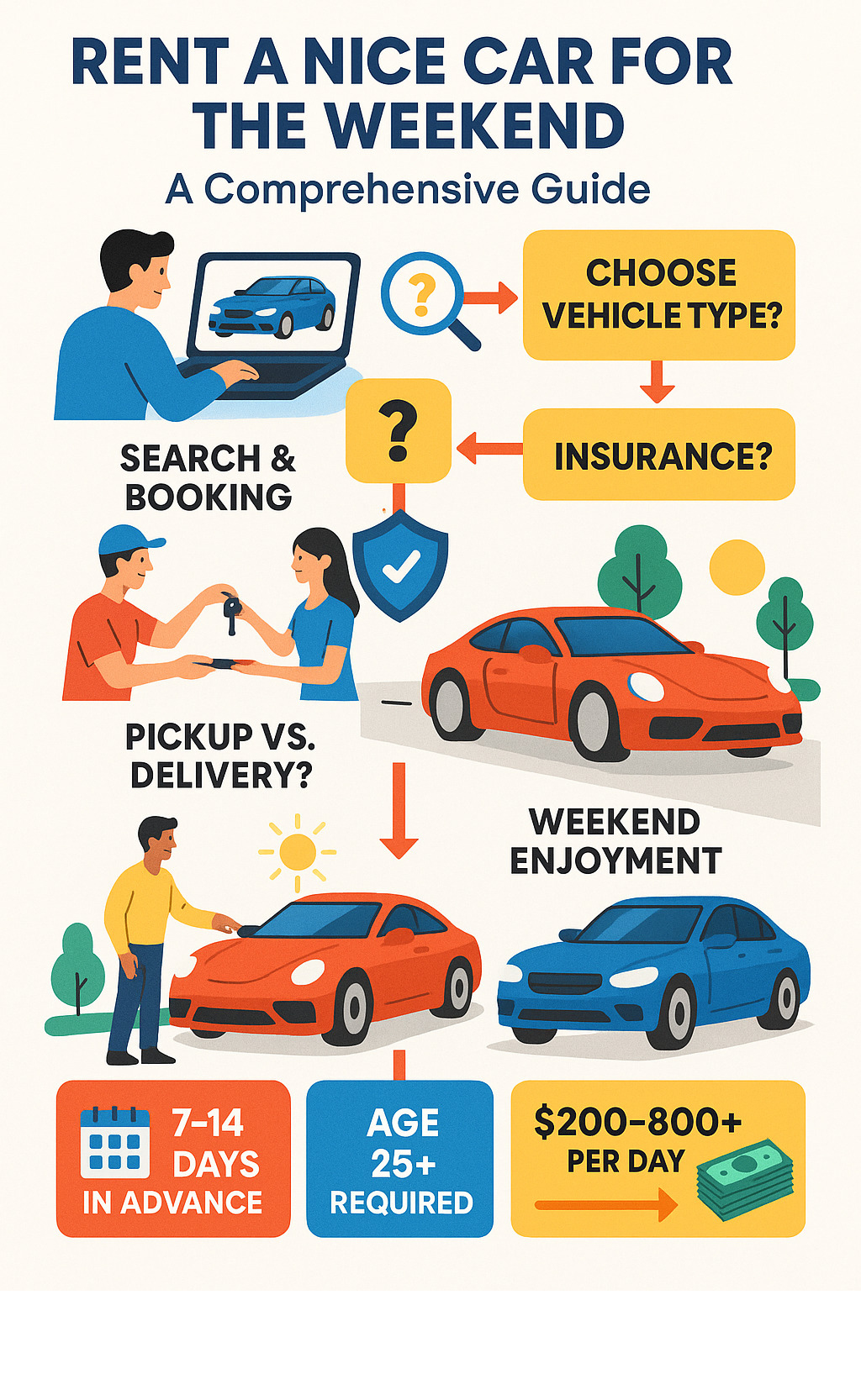 Comprehensive guide showing the weekend luxury car rental process from initial search and booking through vehicle delivery, weekend enjoyment, and final return, including key decision points for vehicle type selection, insurance options, and pickup versus delivery choices - rent a nice car for the weekend infographic