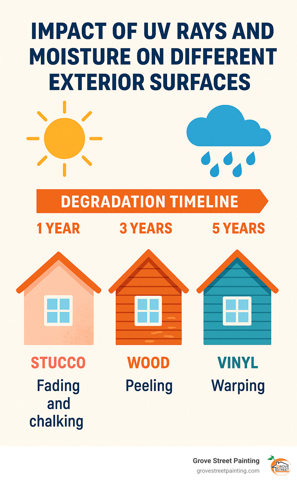 Impact of UV rays and moisture on different exterior surfaces showing degradation timeline - exterior house painting sarasota infographic 