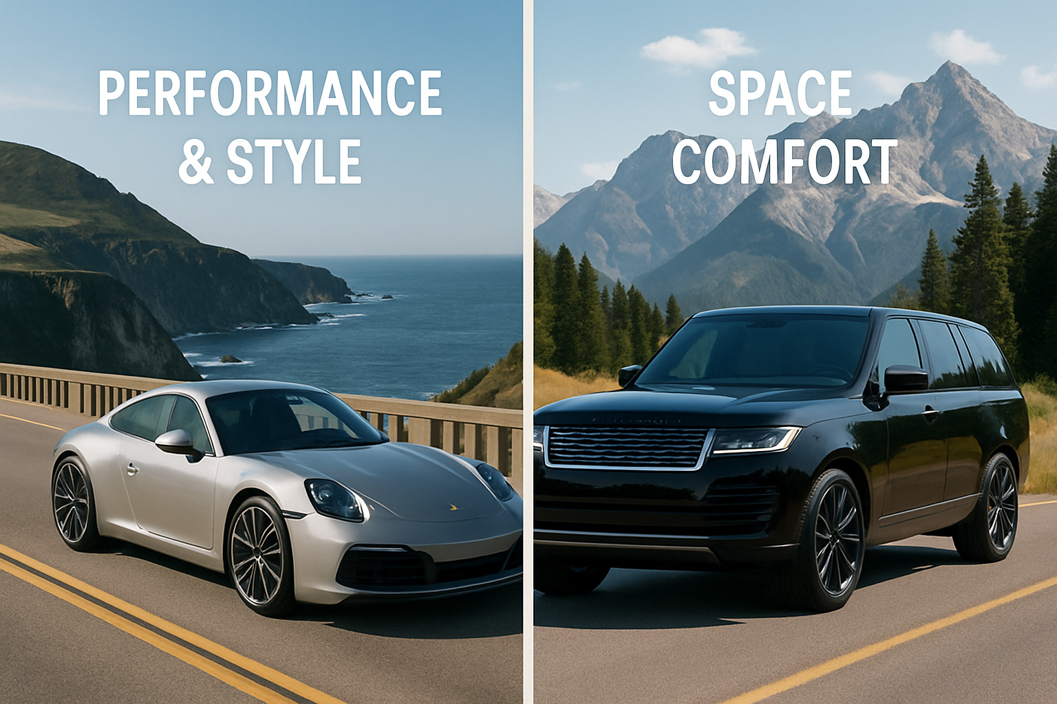 Comparison between sports car and luxury SUV showing different use cases and benefits - rent a nice car for the weekend