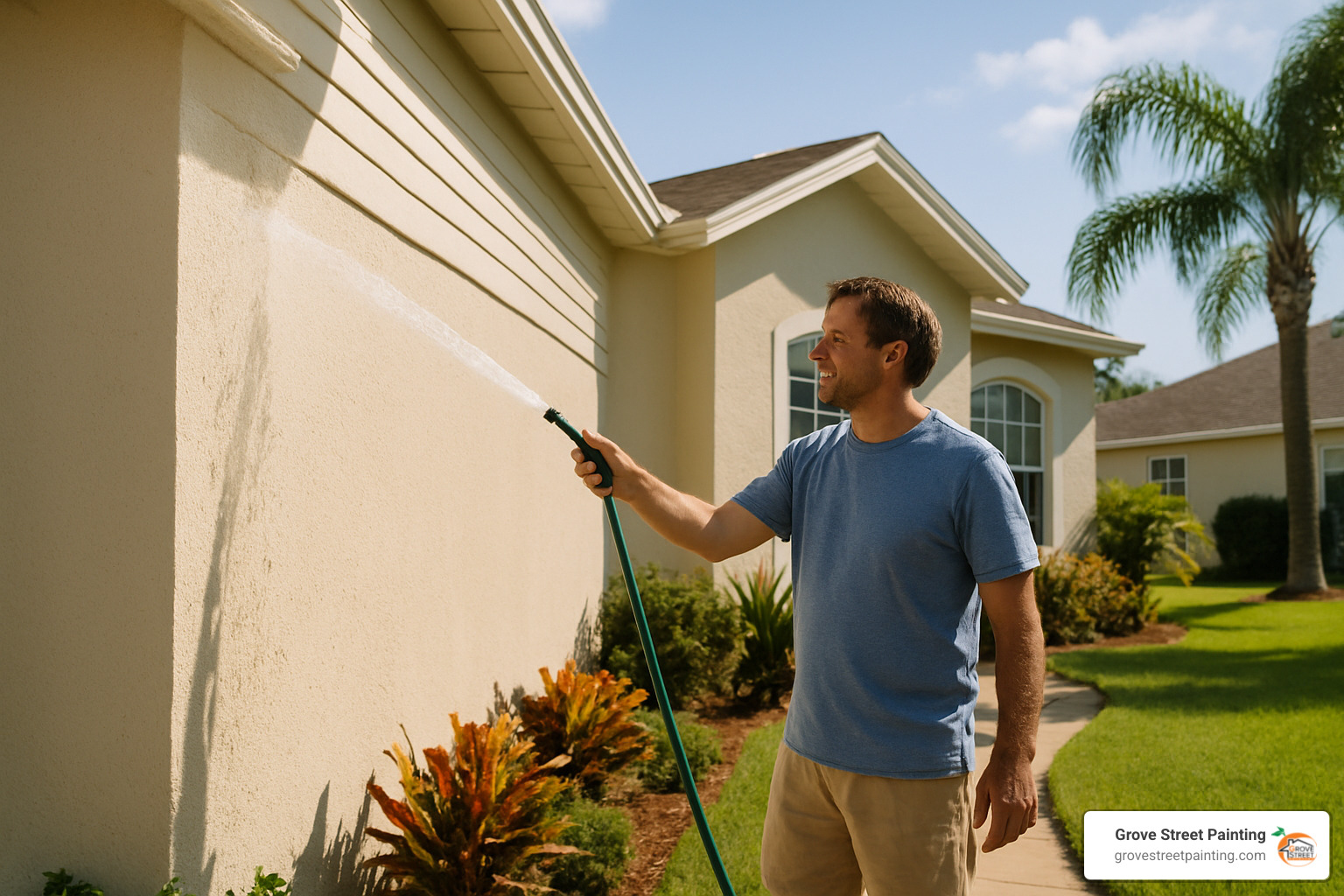 Homeowner gently rinsing exterior painted surfaces with garden hose - exterior house painting sarasota
