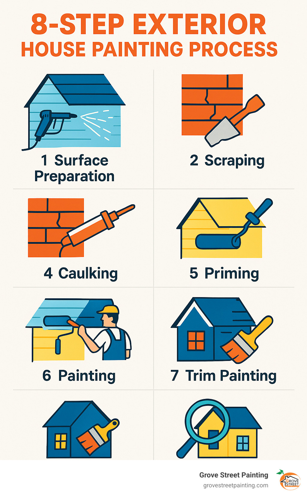 8-step exterior house painting process from surface preparation through final inspection - exterior house painting sarasota infographic 