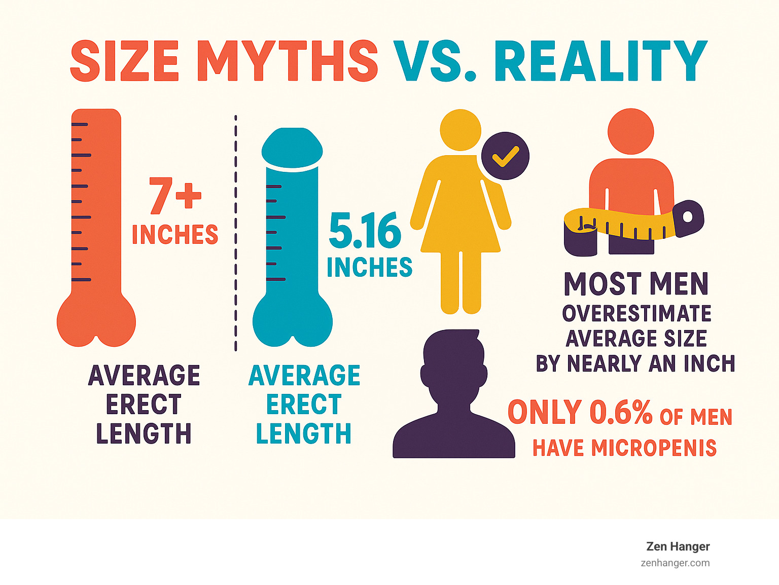 Infographic showing size myths vs reality: average erect length is 5.16 inches not 7+ inches as commonly believed, 85% of women are satisfied with partner's size, most men overestimate average size by nearly an inch, and only 0.6% of men have micropenis - do penis growth pills really work infographic 