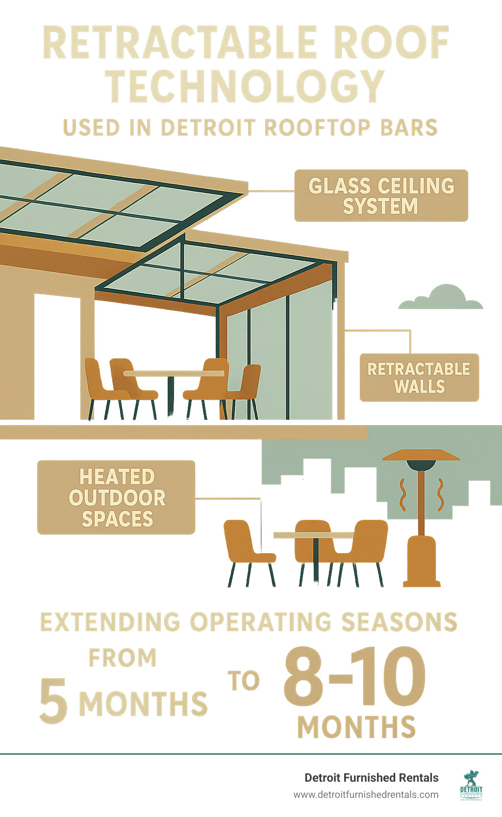 Infographic showing retractable roof technology used in Detroit rooftop bars, including glass ceiling systems, retractable walls, and heated outdoor spaces that extend operating seasons from 5 months to 8-10 months annually - Detroit rooftop bars infographic 