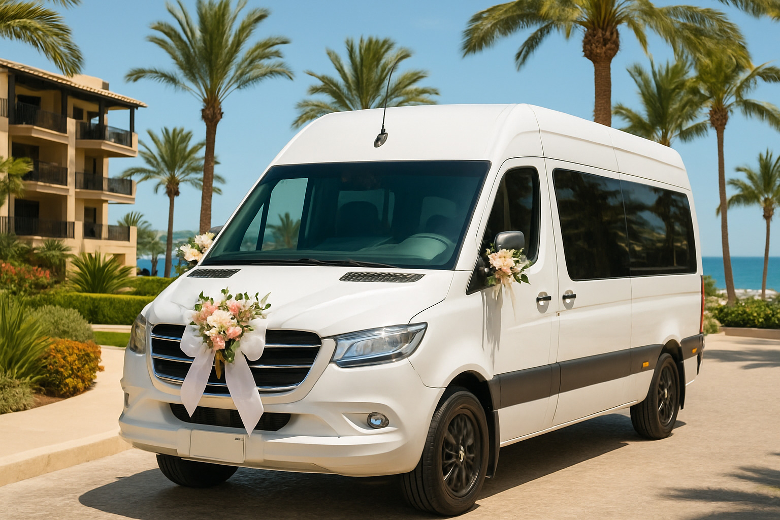 Decorated Mercedes Sprinter van with wedding ribbons and flowers, ready for bridal party transport, parked outside a luxury Los Cabos resort with palm trees and ocean views in the background - Wedding Transportation Cabo