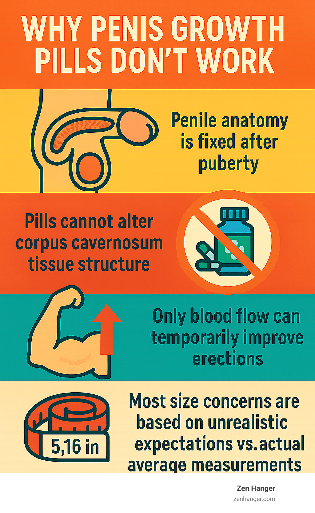 Infographic showing why penis growth pills don't work: penile anatomy is fixed after puberty, pills cannot alter corpus cavernosum tissue structure, only blood flow can temporarily improve erections, and most size concerns are based on unrealistic expectations versus actual average measurements - do penis growth pills really work infographic 