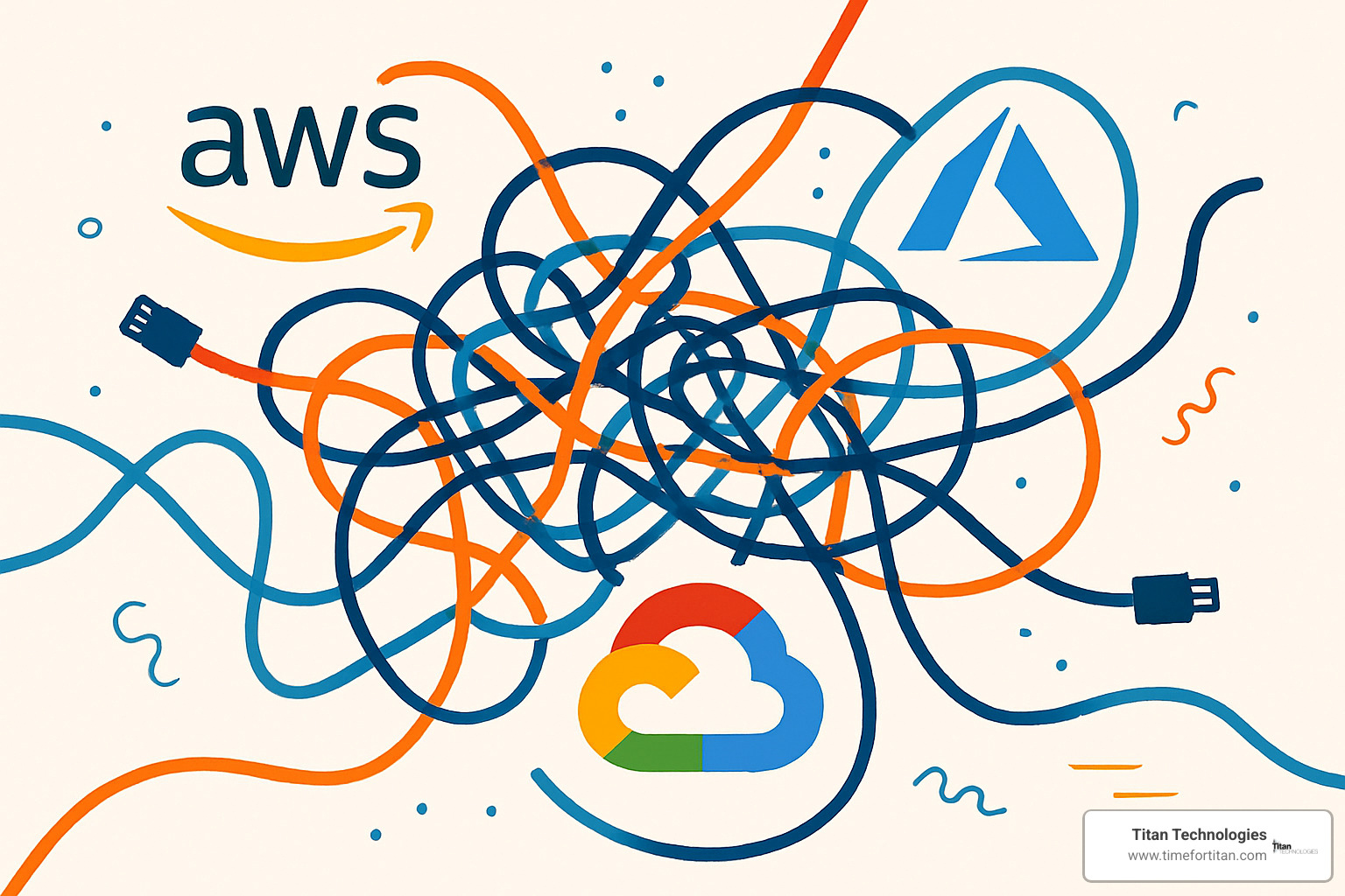 Illustration showing tangled connections between multiple cloud provider logos representing complexity challenges - multi cloud disaster recovery Illustration showing tangled connections between multiple cloud provider logos representing complexity challenges - multi cloud disaster recovery