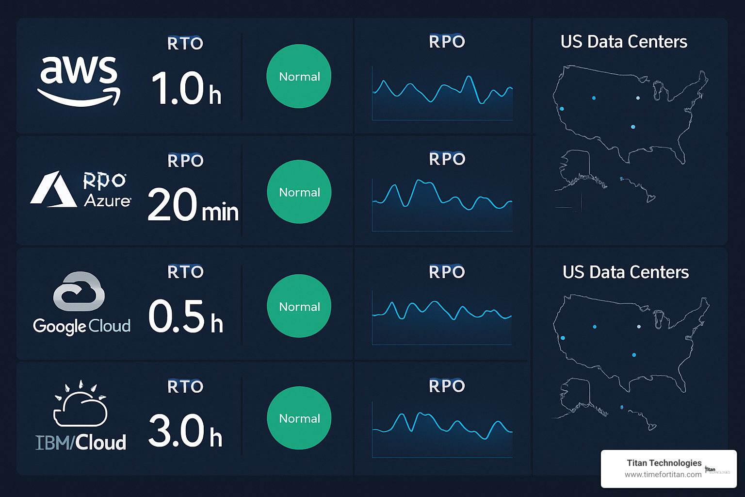 Dashboard showing RTO and RPO metrics across multiple cloud providers with real-time status indicators - multi cloud disaster recovery Dashboard showing RTO and RPO metrics across multiple cloud providers with real-time status indicators - multi cloud disaster recovery