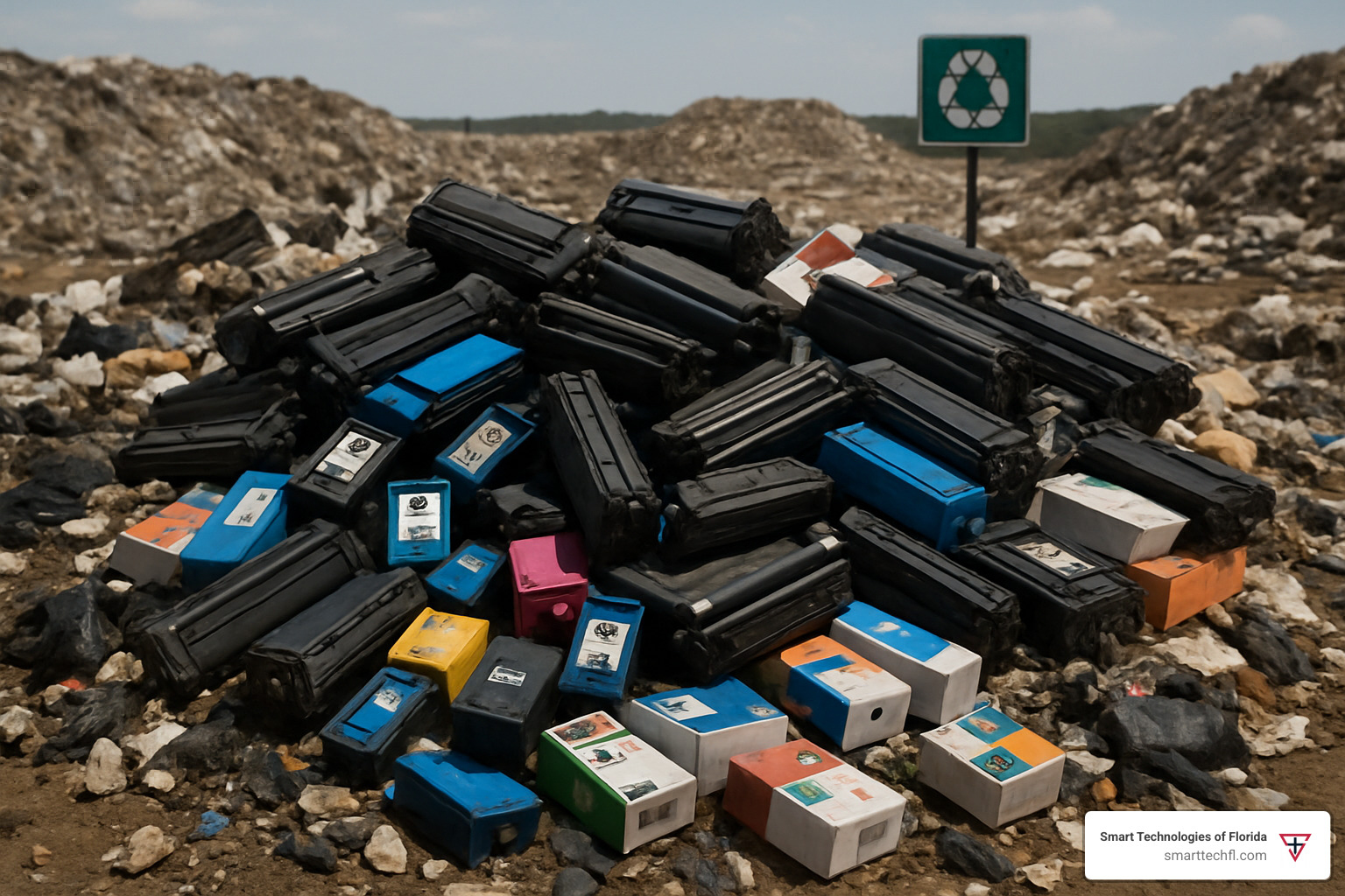 Landfill with stacked printer cartridges showing environmental impact - printer cartridge refill cost