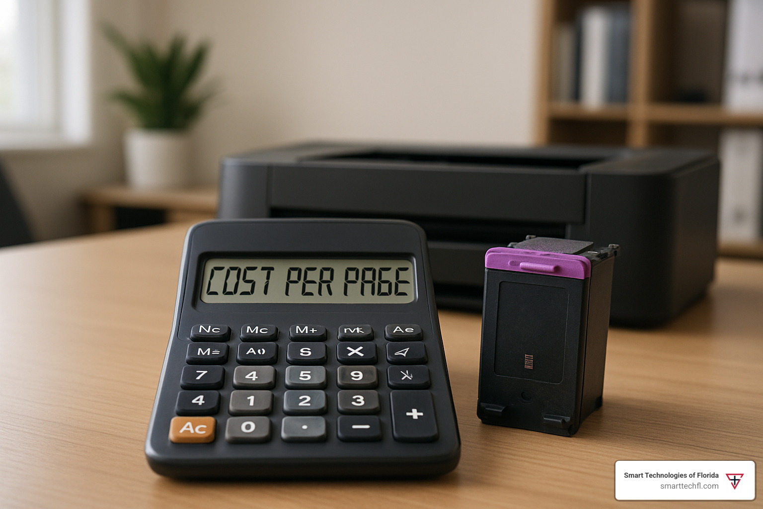 Calculator next to printer cartridge with cost calculations displayed - printer cartridge refill cost