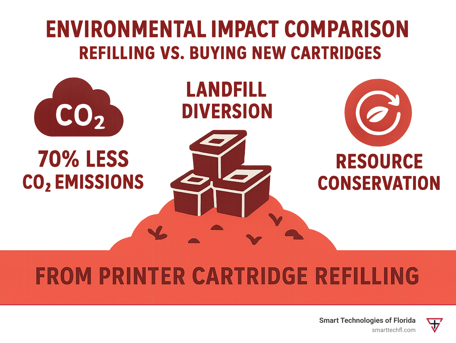 Environmental impact comparison showing CO2 savings, landfill diversion, and resource conservation from printer cartridge refilling versus buying new cartridges - printer cartridge refill cost infographic