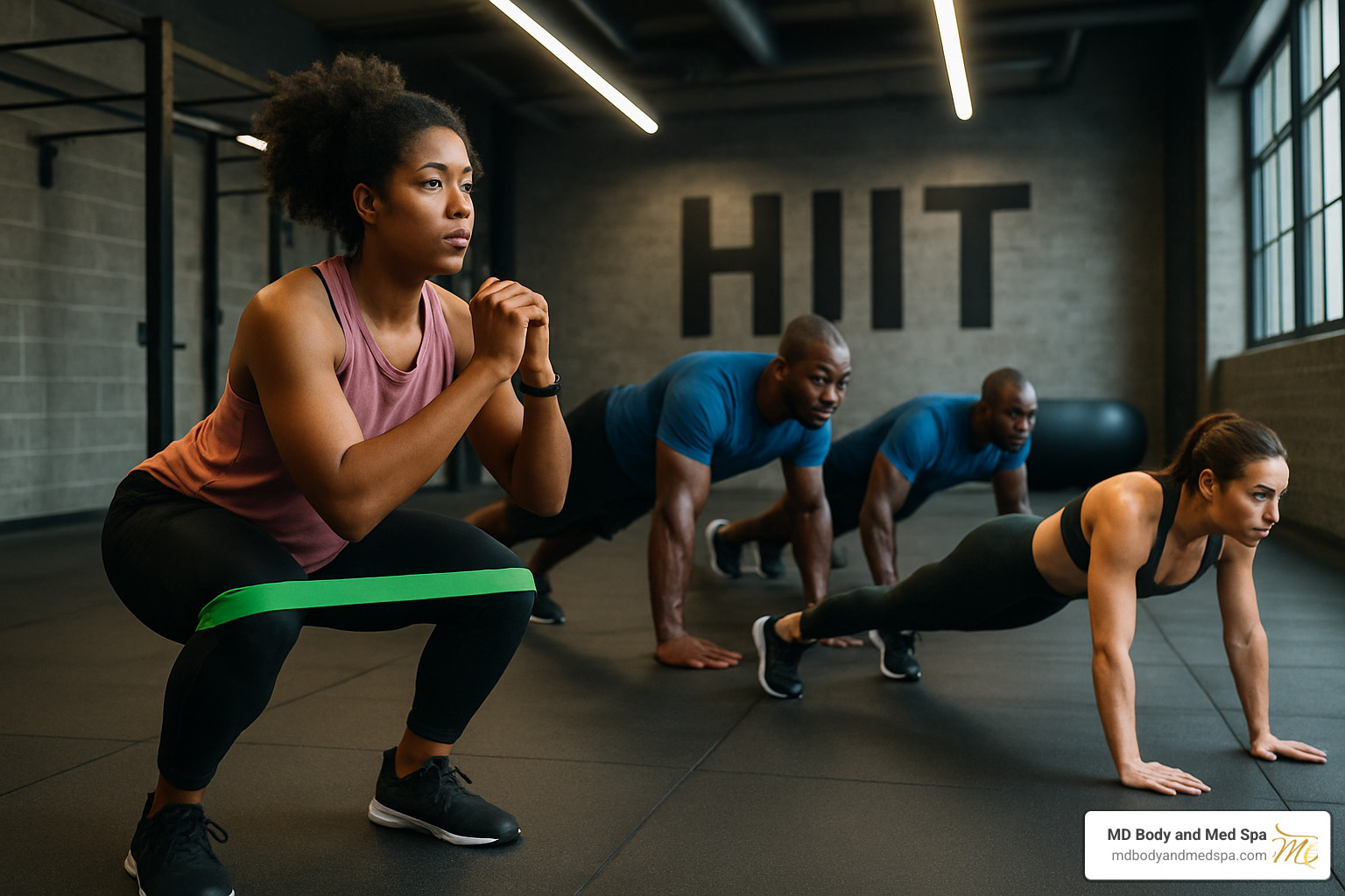 HIIT workout circuit with resistance bands and bodyweight exercises - how to get rid of body fat