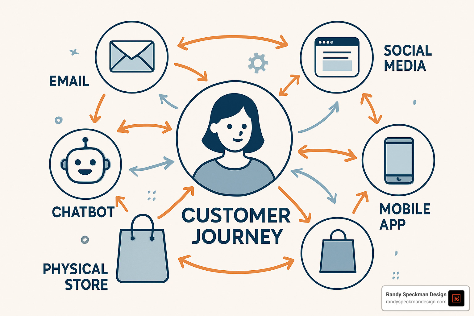 Comprehensive customer journey map showing multiple touchpoints across email, social media, website, mobile app, chatbots, and physical locations, with arrows indicating seamless transitions and data synchronization between channels - digital marketing strategy for 2025