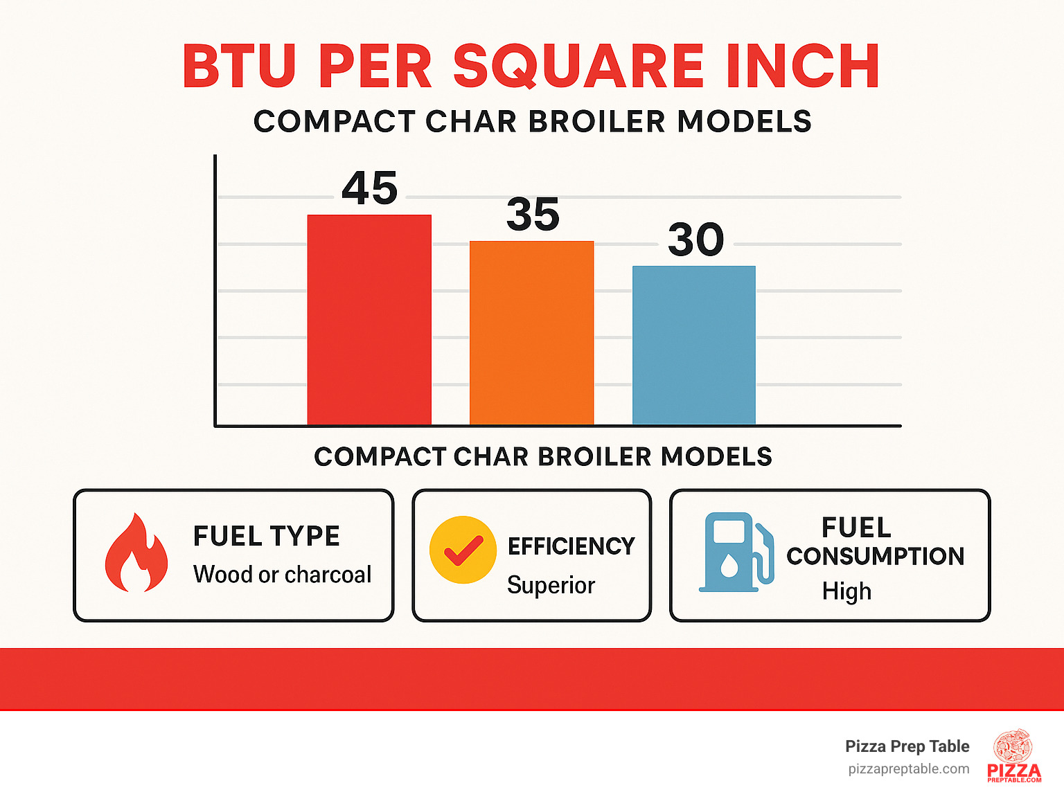 Statistics showing BTU per square inch comparison across different compact char broiler models, with efficiency ratings and fuel consumption data - char broiler compact infographic 