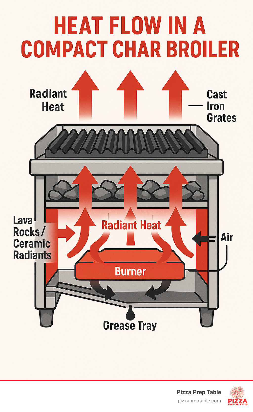 Detailed cross-section diagram showing heat flow in a compact char broiler, with arrows indicating radiant heat patterns from burners through lava rocks or ceramic radiants to cast iron grates, plus airflow management and grease drainage systems - char broiler compact infographic 