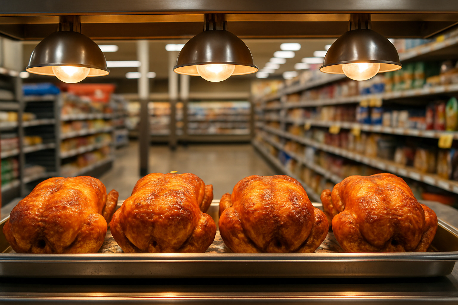 rotisserie chickens under heat lamps in grocery store - rotisserie chicken