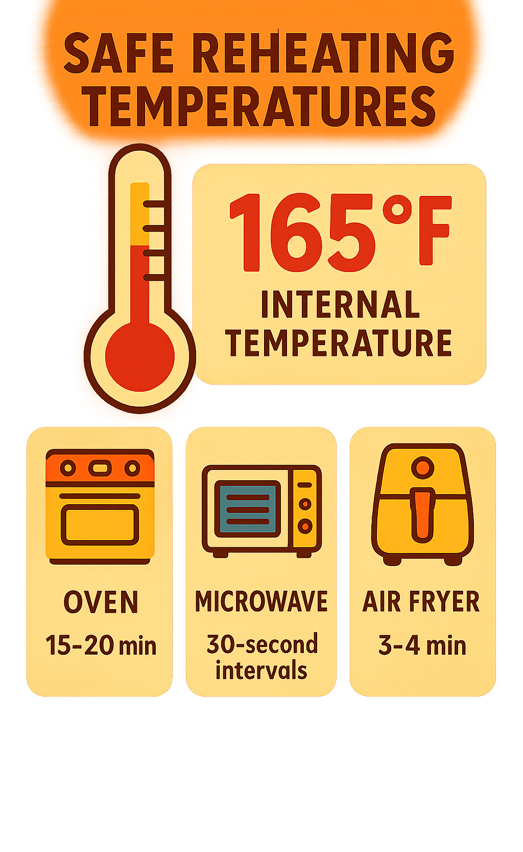 Infographic showing safe reheating temperatures: 165°F internal temperature for all reheating methods, with visual thermometer and timing guides for oven (15-20 min), microwave (30-second intervals), and air fryer (3-4 min) methods - rotisserie chicken infographic 