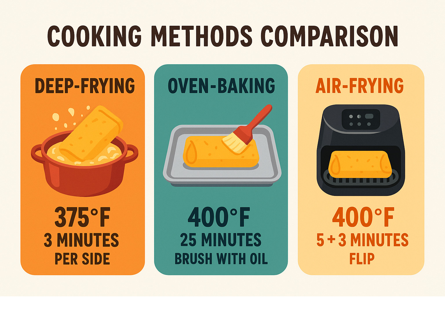 Cooking methods comparison showing deep-frying at 375°F for 3 minutes per side, oven-baking at 400°F for 25 minutes with oil brushing, and air-frying at 400°F for 5 plus 3 minutes with flipping instructions - chimichanga infographic 