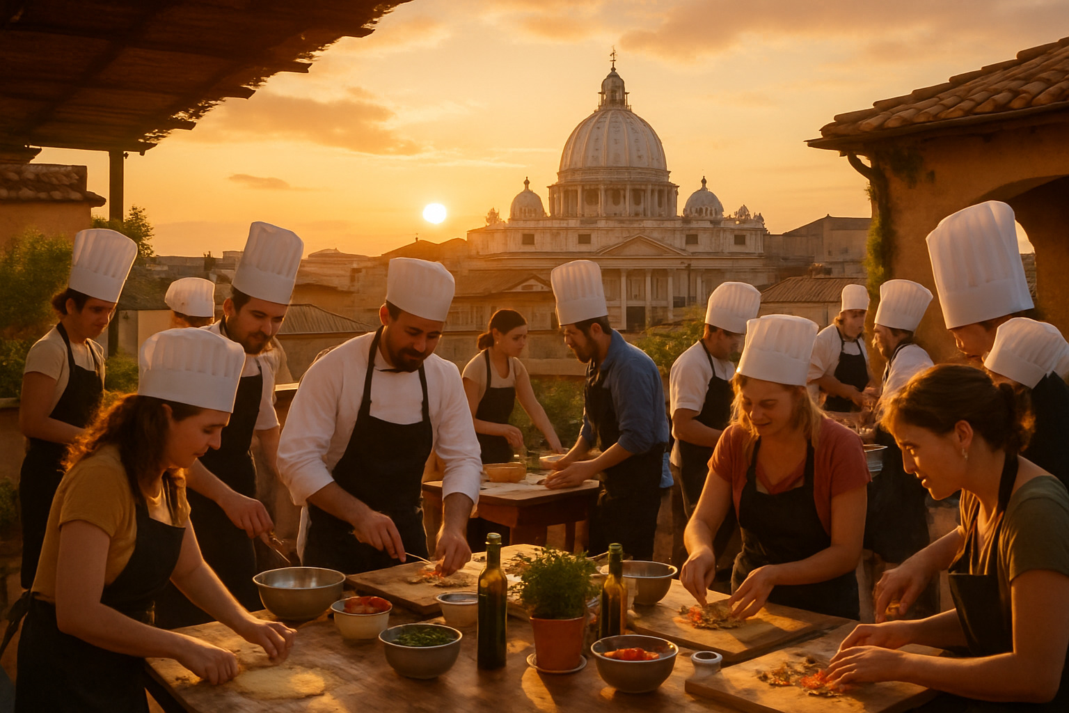 Sunset cooking workshop on a Roman rooftop terrace with the Vatican dome visible in the background, chefs and participants working together at outdoor cooking stations - chef-led experiences