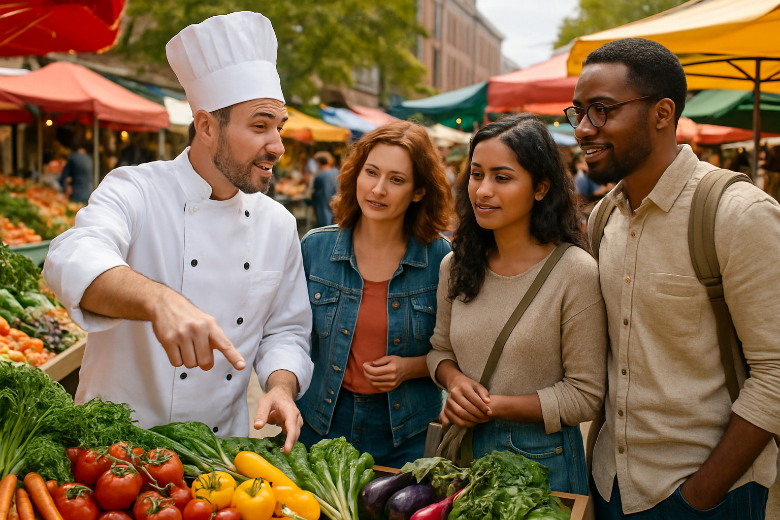 A professional chef guiding tourists through a vibrant local market, pointing to fresh ingredients while explaining their selection and preparation - chef-led experiences