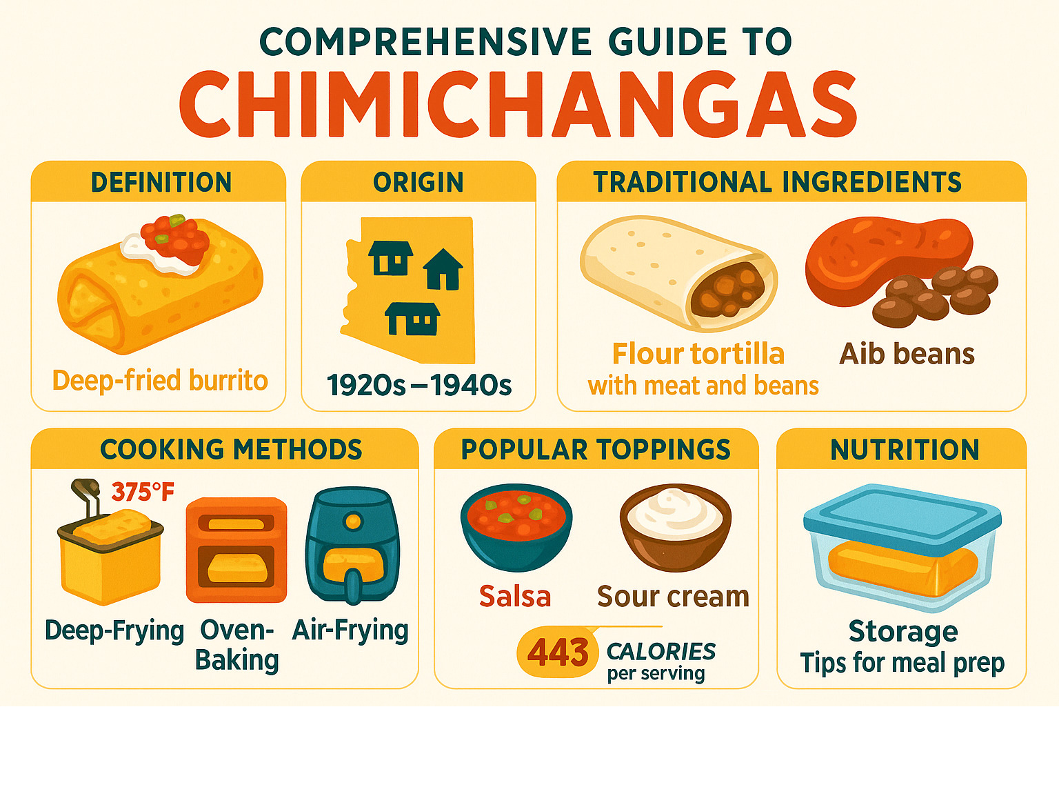 Comprehensive guide to chimichangas including definition as deep-fried burrito, origin stories from Arizona restaurants in the 1920s-1940s, traditional ingredients like flour tortilla with meat and beans, three cooking methods of deep-frying at 375°F, oven-baking, and air-frying, popular toppings including salsa and sour cream, nutritional information showing 443 calories per serving, and storage tips for meal prep - chimichanga infographic 