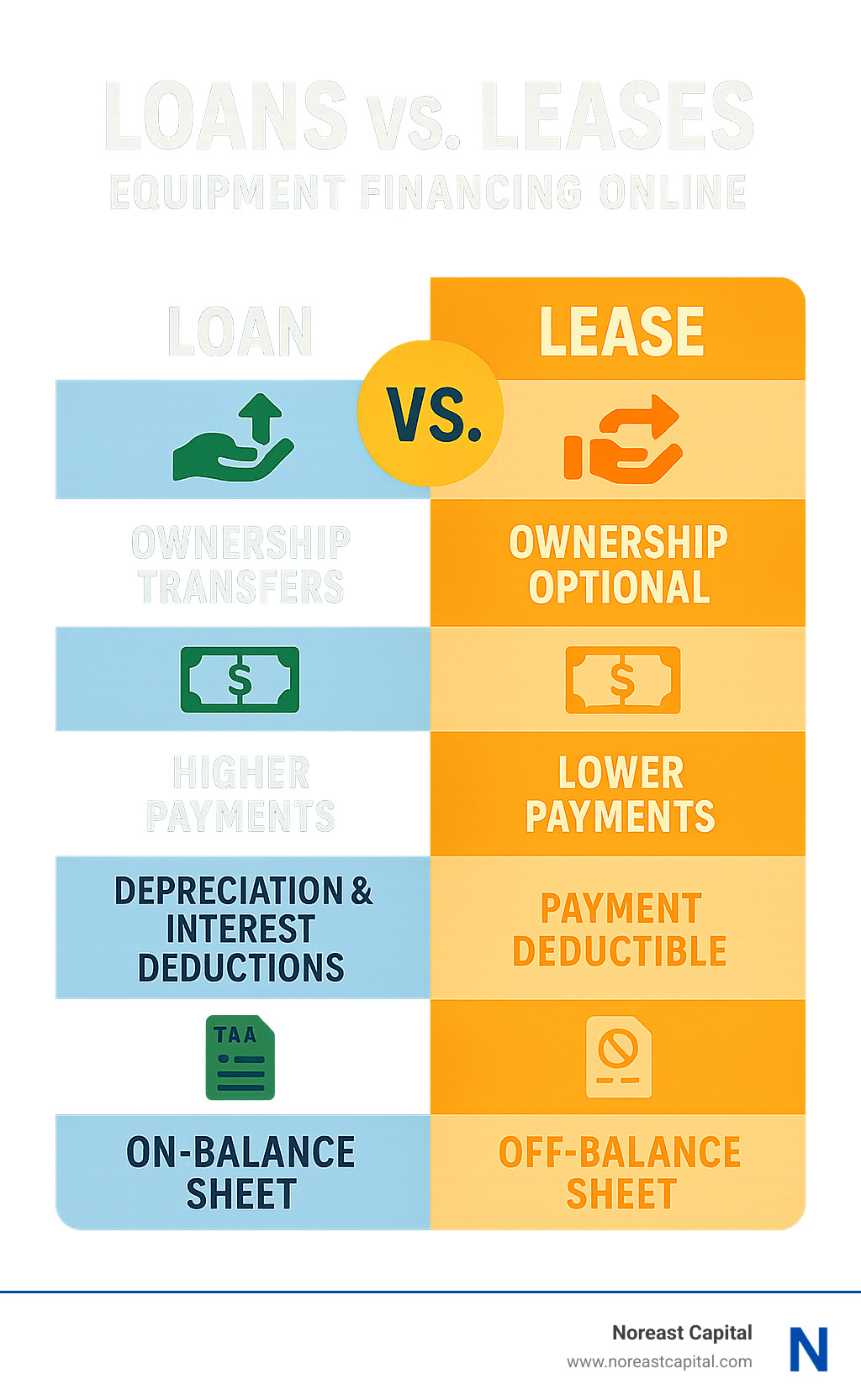 Comparison chart showing loan vs lease payment structures - equipment financing online infographic 