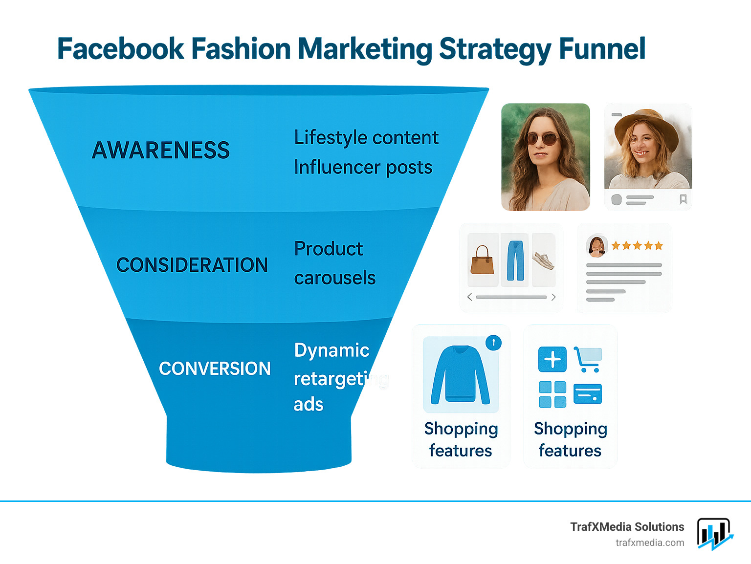 Facebook Fashion Marketing Strategy Funnel showing awareness stage with lifestyle content and influencer posts, consideration stage with product carousels and customer reviews, and conversion stage with dynamic retargeting ads and shopping features - Facebook marketing for fashion infographic 