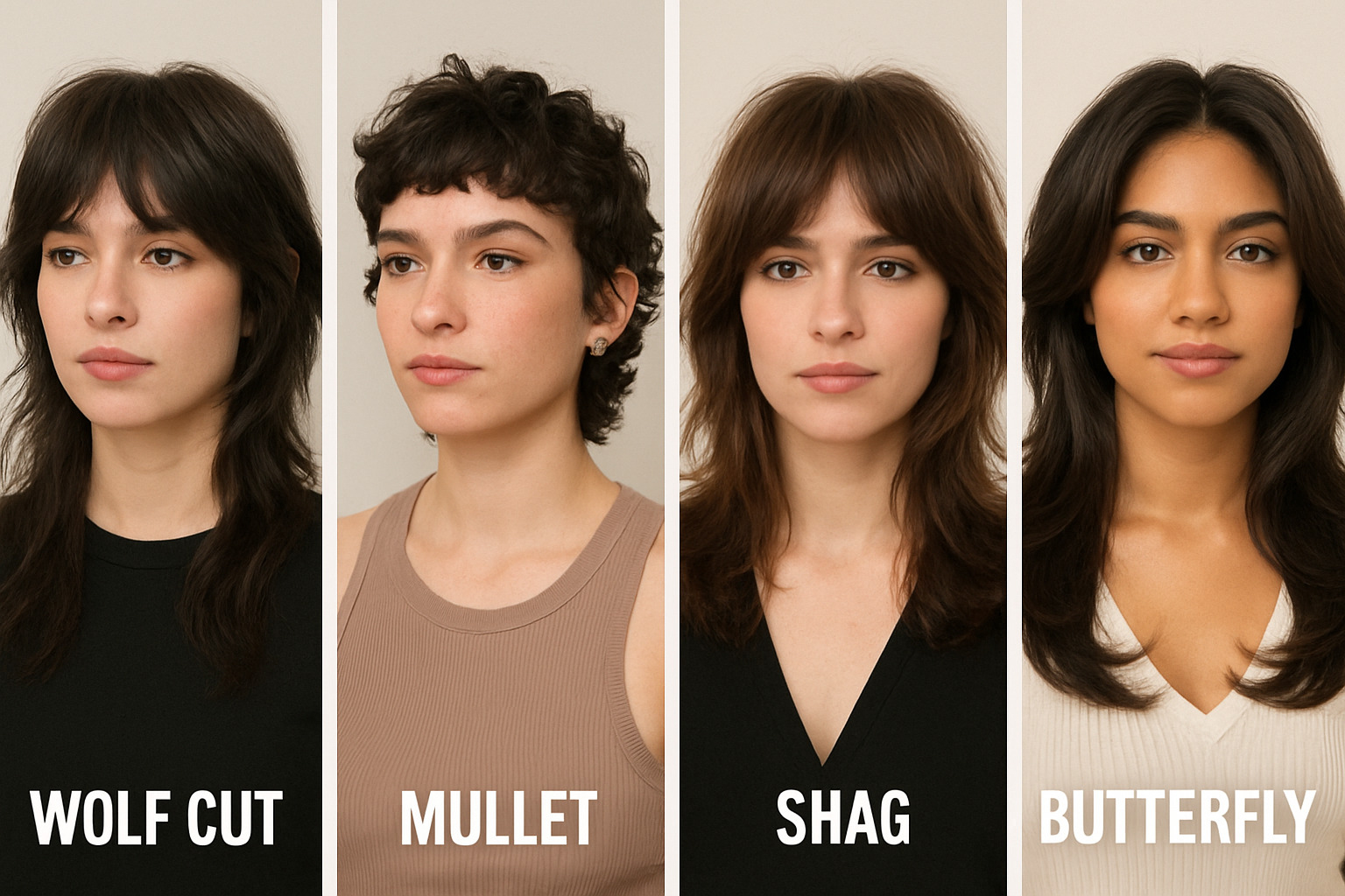 side-by-side comparison of wolf cut, mullet, shag, and butterfly cut styles - wolf cut