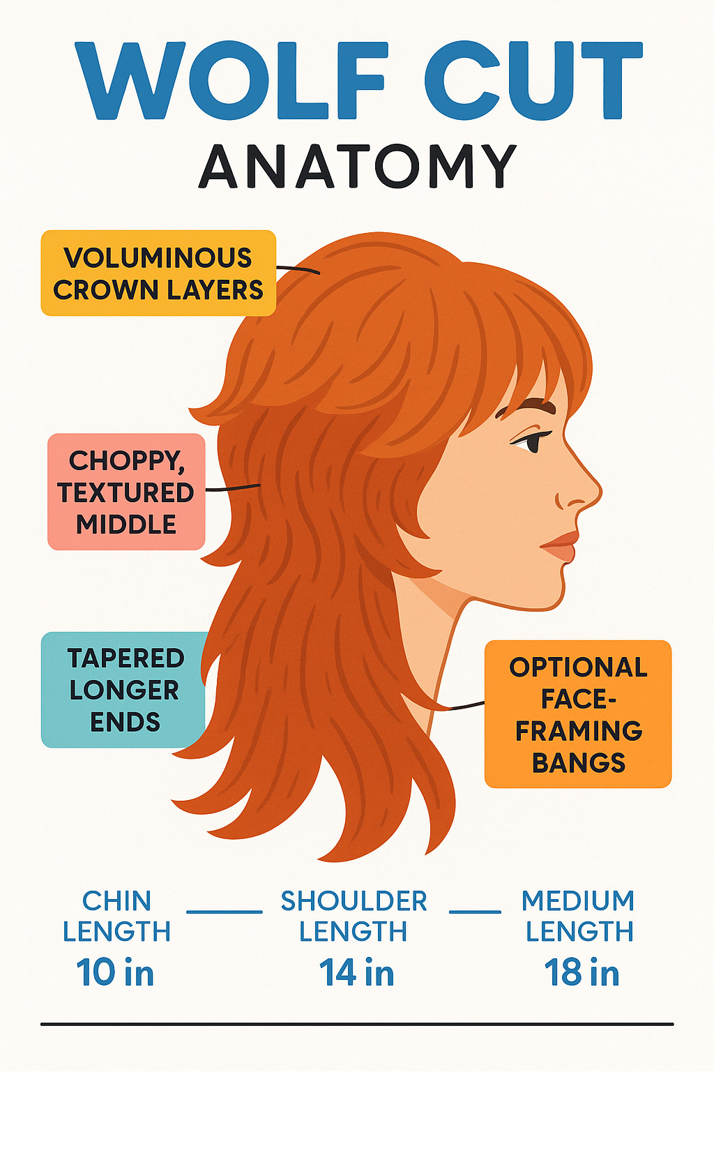 Infographic showing wolf cut anatomy with labeled sections: voluminous crown layers, choppy textured middle, tapered longer ends, optional face-framing bangs, and comparison measurements for different hair lengths - wolf cut infographic 