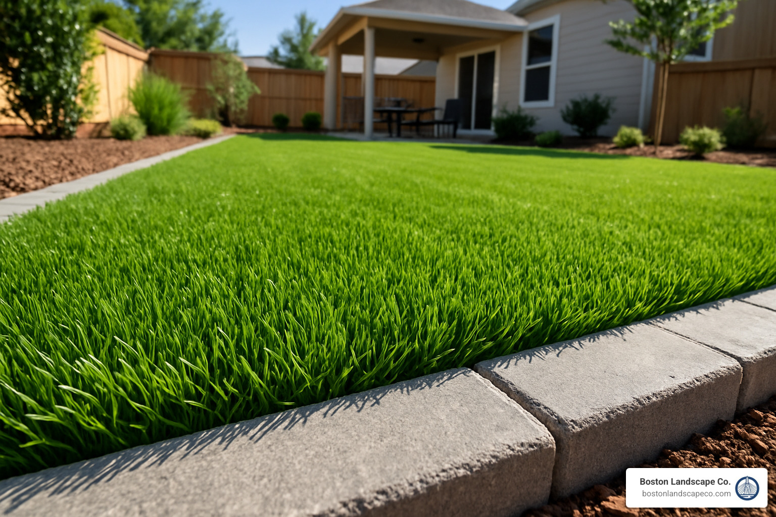 Modern artificial turf installation showing realistic grass texture and professional edge work - Lawn replacement services