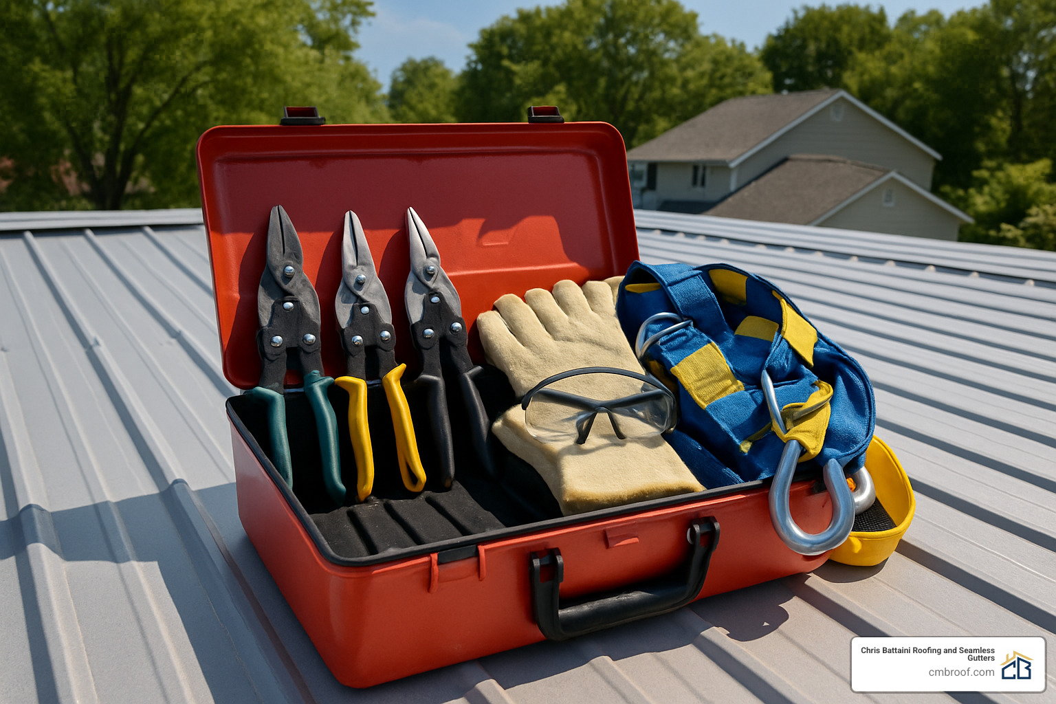 toolbox with aviation snips and safety gear for metal roof work - drip edge installation metal roof