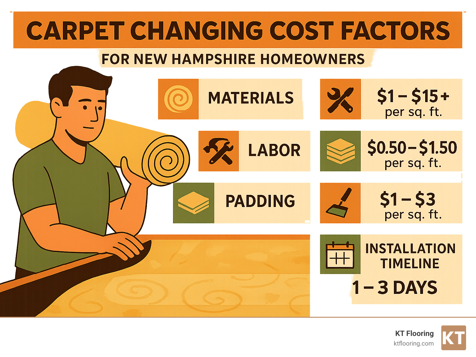 Detailed breakdown of carpet changing cost factors including materials, labor, padding, removal, and installation timeline with average price ranges for New Hampshire homeowners - carpet changing cost infographic 