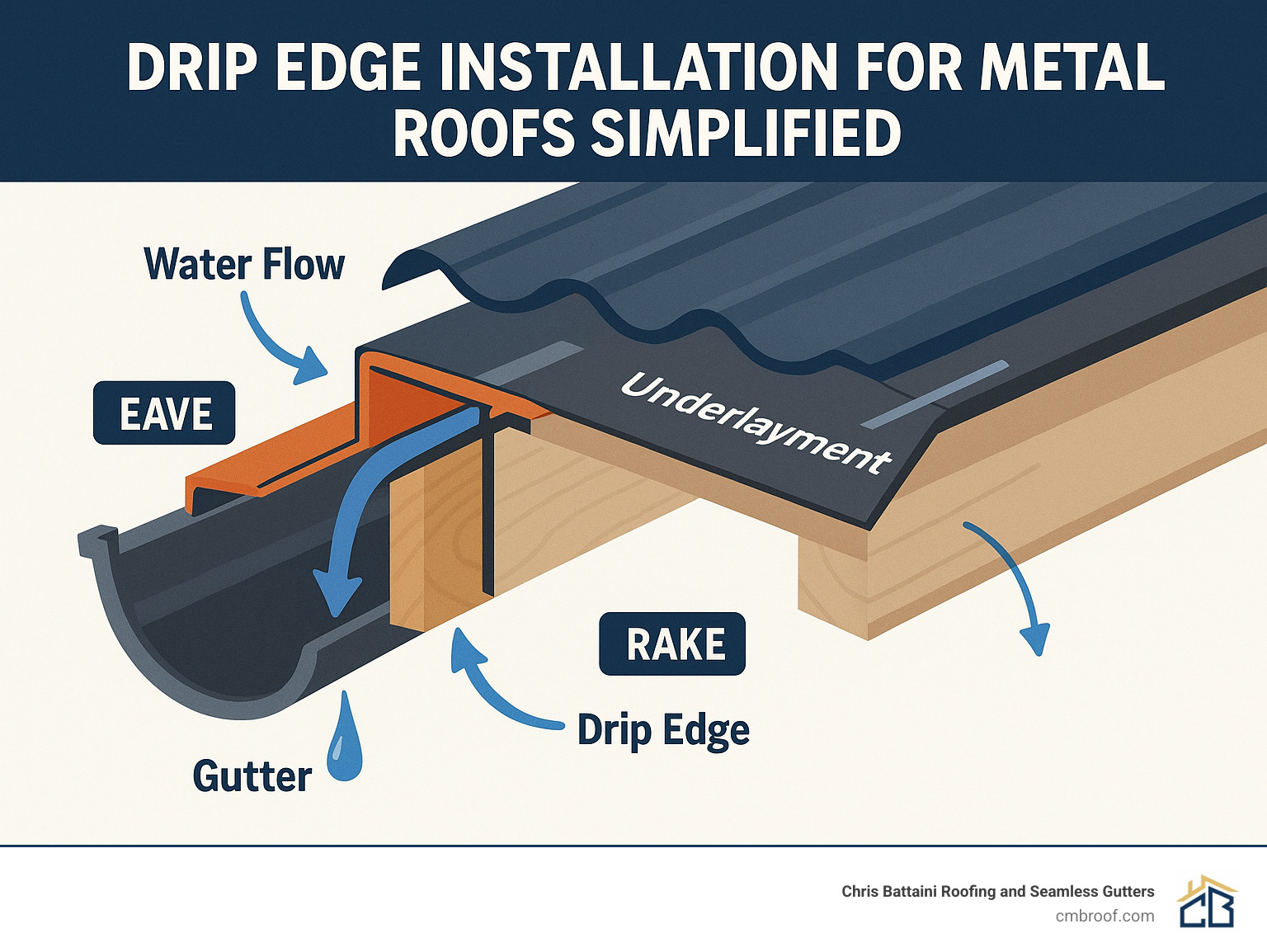 Detailed drip edge installation process showing water flow path from metal roof panels through drip edge into gutters, with cross-section view of proper eave and rake installation techniques - drip edge installation metal roof infographic 