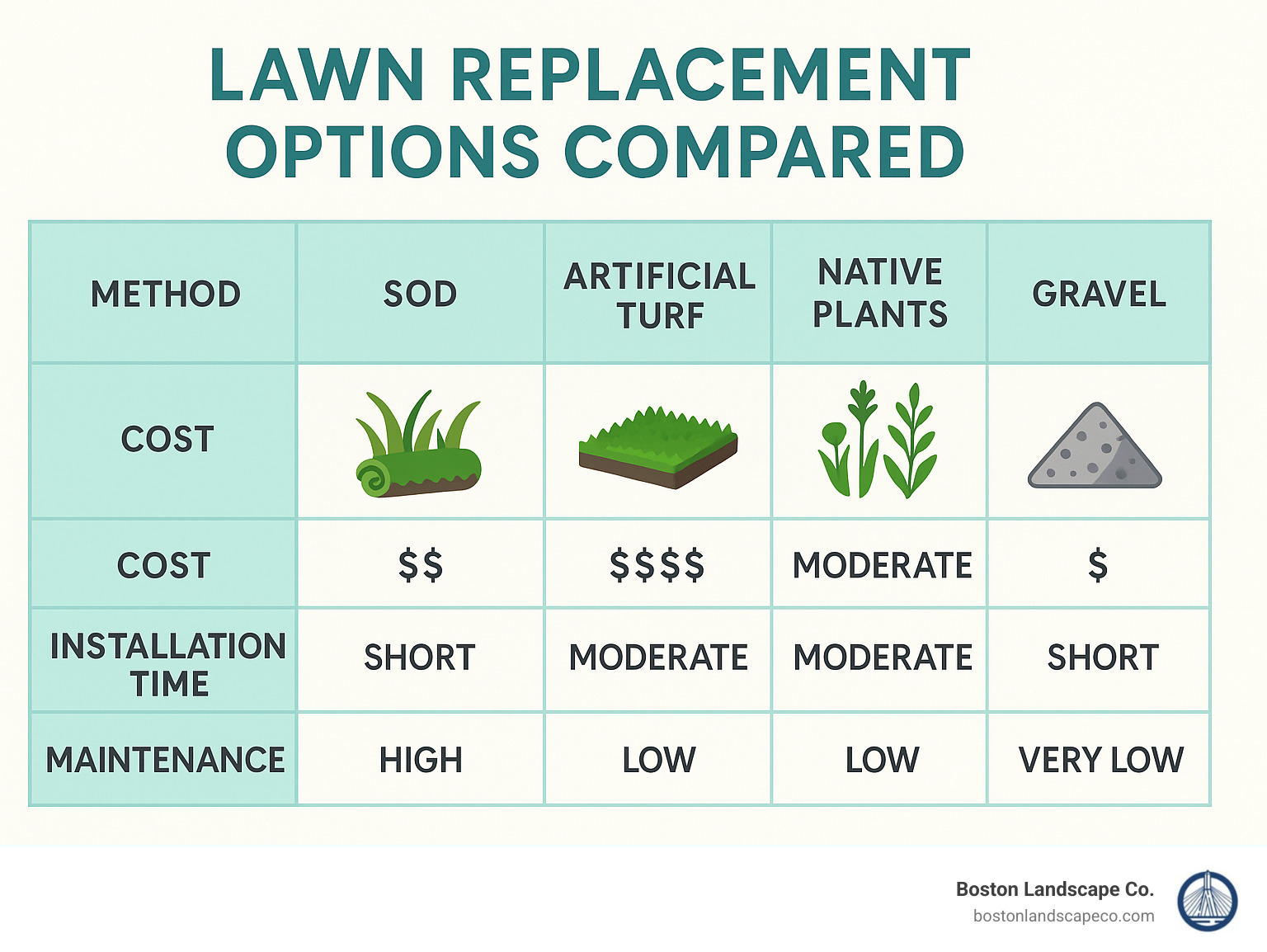 Comparison table showing different lawn replacement methods with costs, installation time, and maintenance requirements - Lawn replacement services infographic 