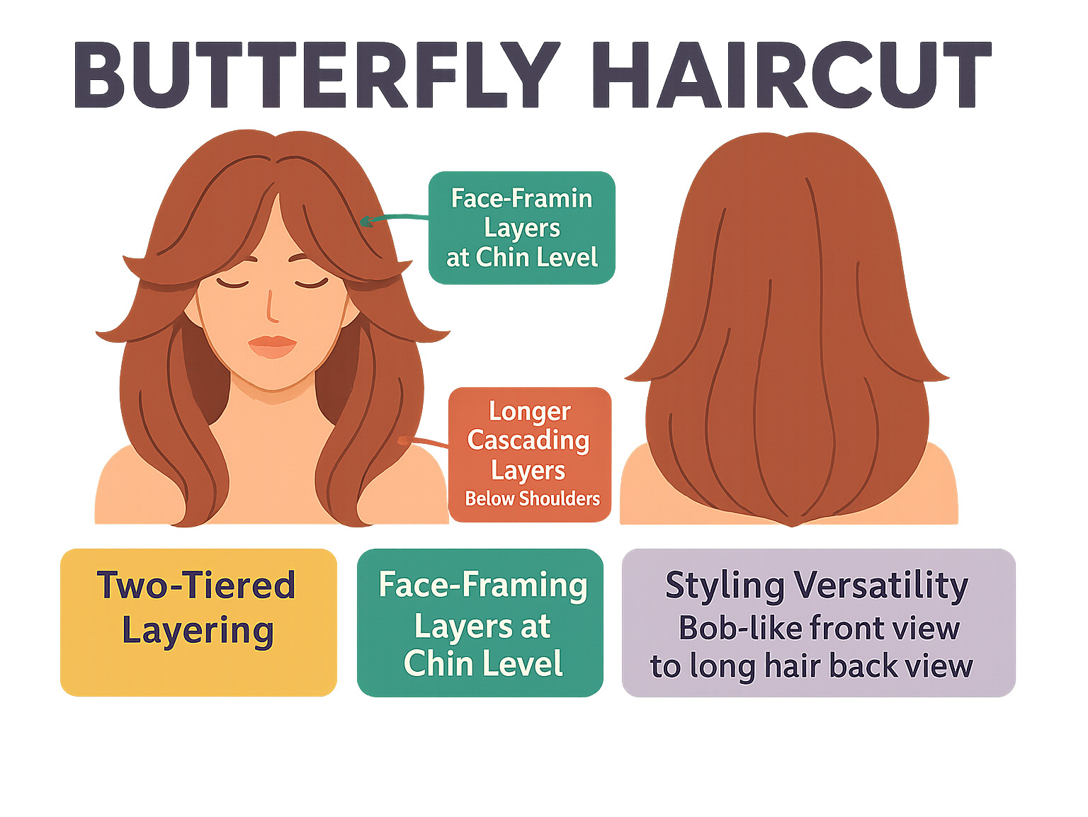 Infographic showing butterfly haircut structure with two-tiered layering system, face-framing layers at chin level, longer cascading layers below shoulders, and styling versatility from bob-like front view to long hair back view - butterfly haircut infographic Infographic showing butterfly haircut structure with two-tiered layering system, face-framing layers at chin level, longer cascading layers below shoulders, and styling versatility from bob-like front view to long hair back view - butterfly haircut infographic