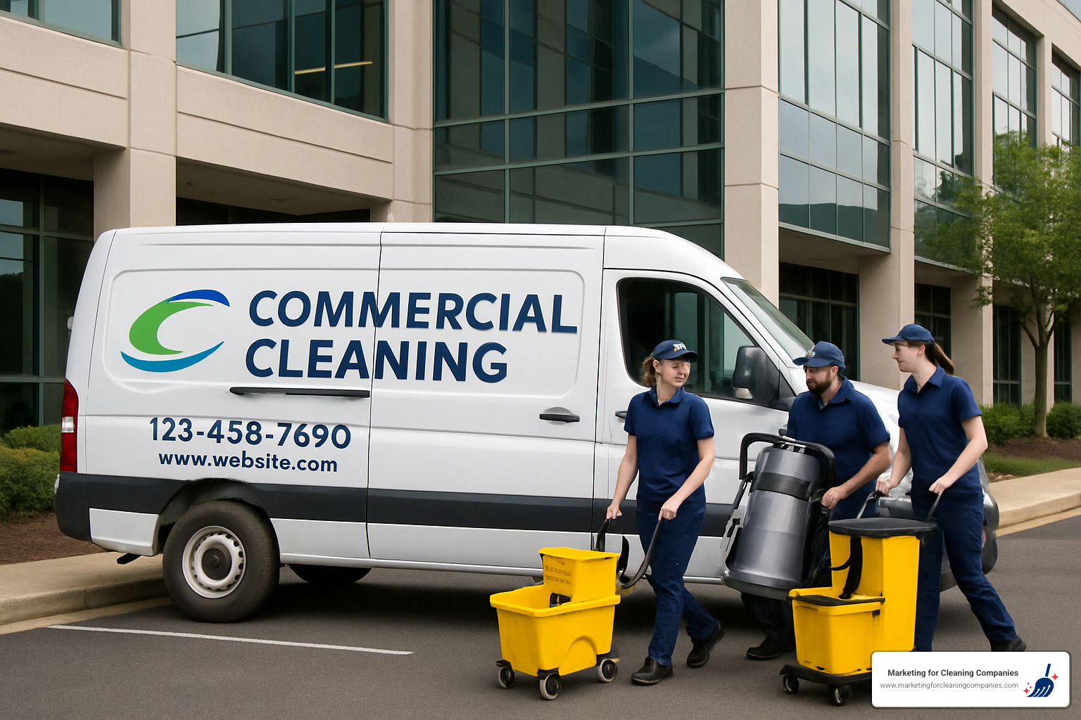 branded cleaning van at commercial job site - how to get commercial cleaning leads