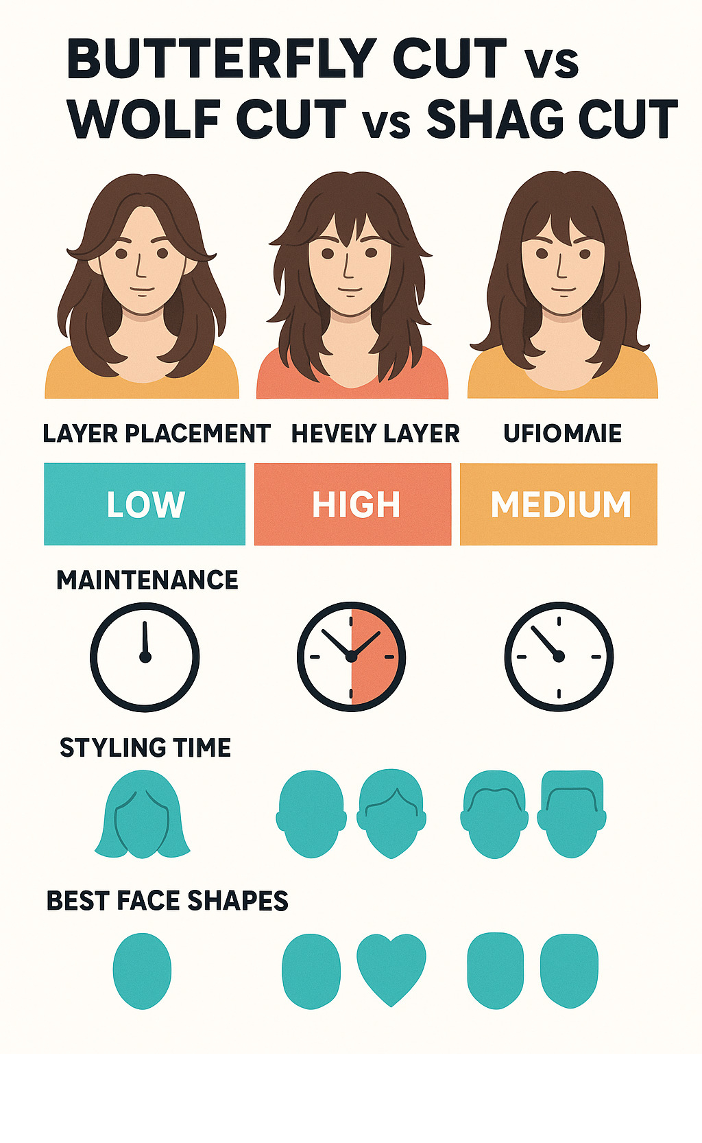 Infographic comparing butterfly cut vs wolf cut vs shag cut showing layer placement, maintenance levels, styling time, and best face shapes for each cut - butterfly haircut infographic Infographic comparing butterfly cut vs wolf cut vs shag cut showing layer placement, maintenance levels, styling time, and best face shapes for each cut - butterfly haircut infographic